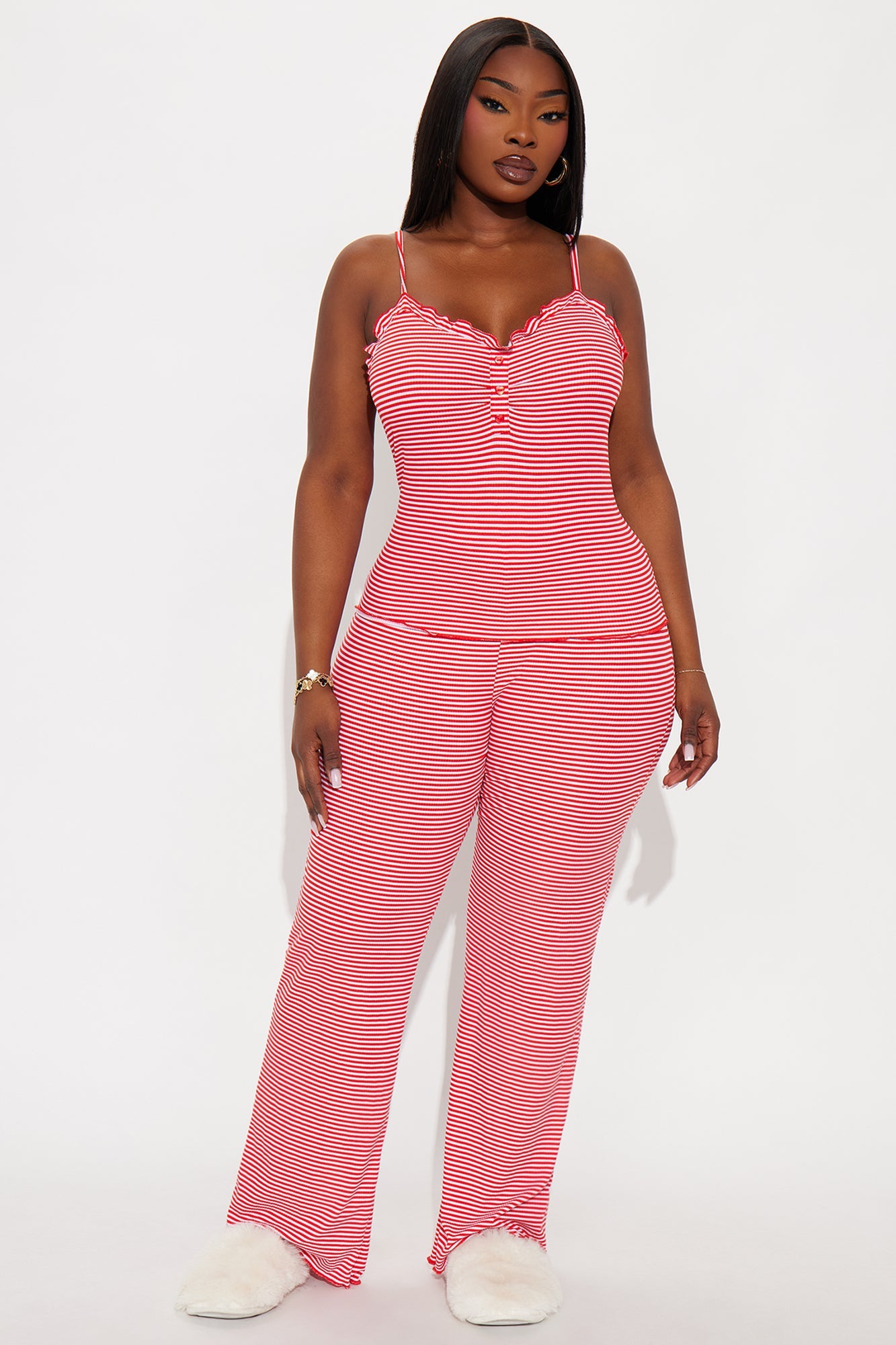 Falling Asleep Ribbed Cami PJ Pant Set - Red/White