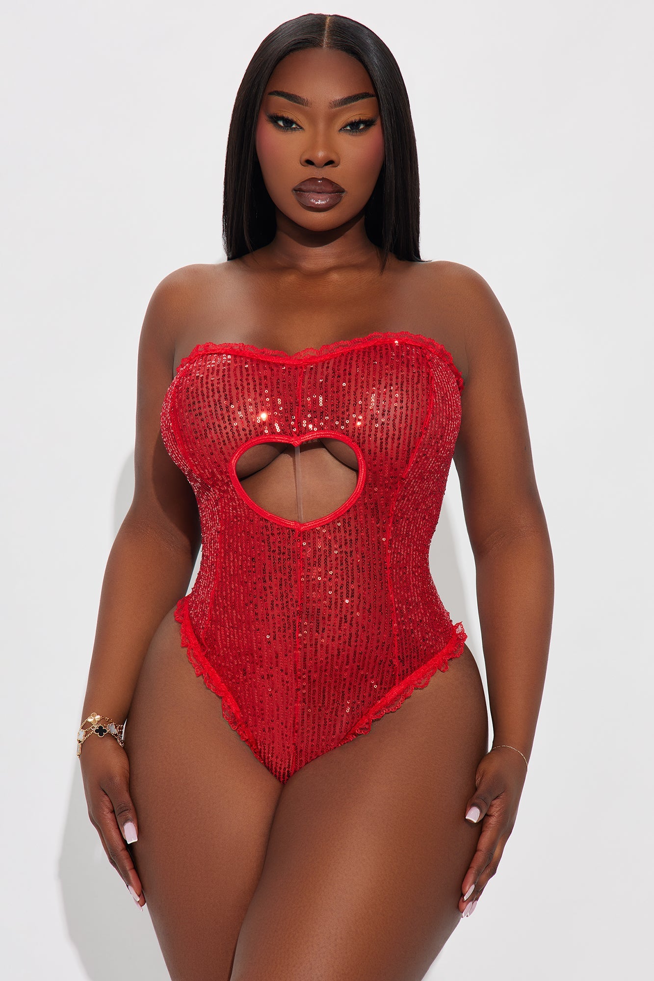 Under Your Heart Sequin Teddy With Garter Strap - Red