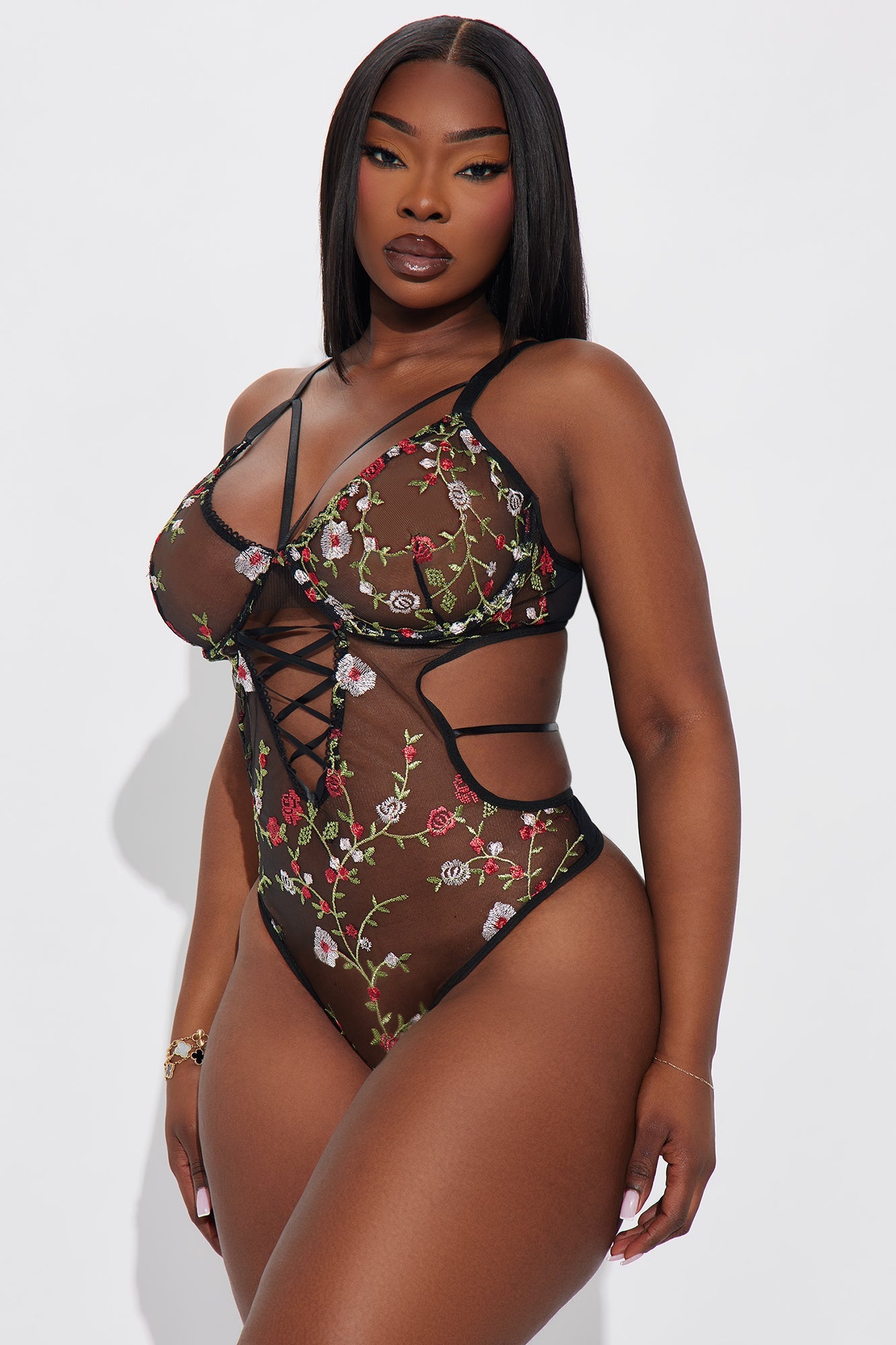 Just A Daydream Embroidered Mesh Lace Up Teddy - Black/Red