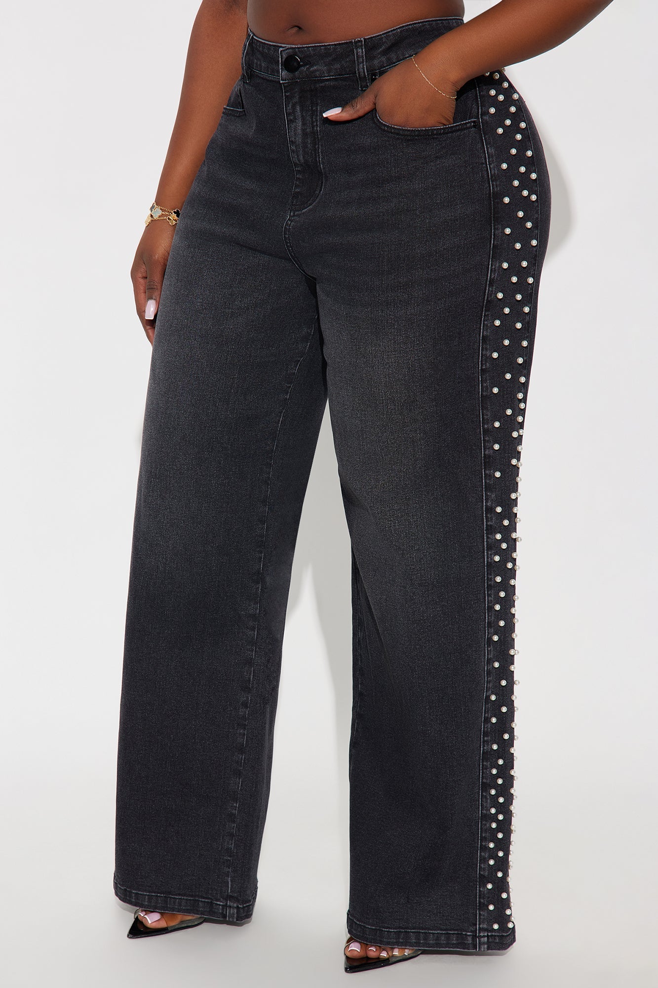Pearls Of Wisdom Embellished Wide Leg Jeans - Black Wash
