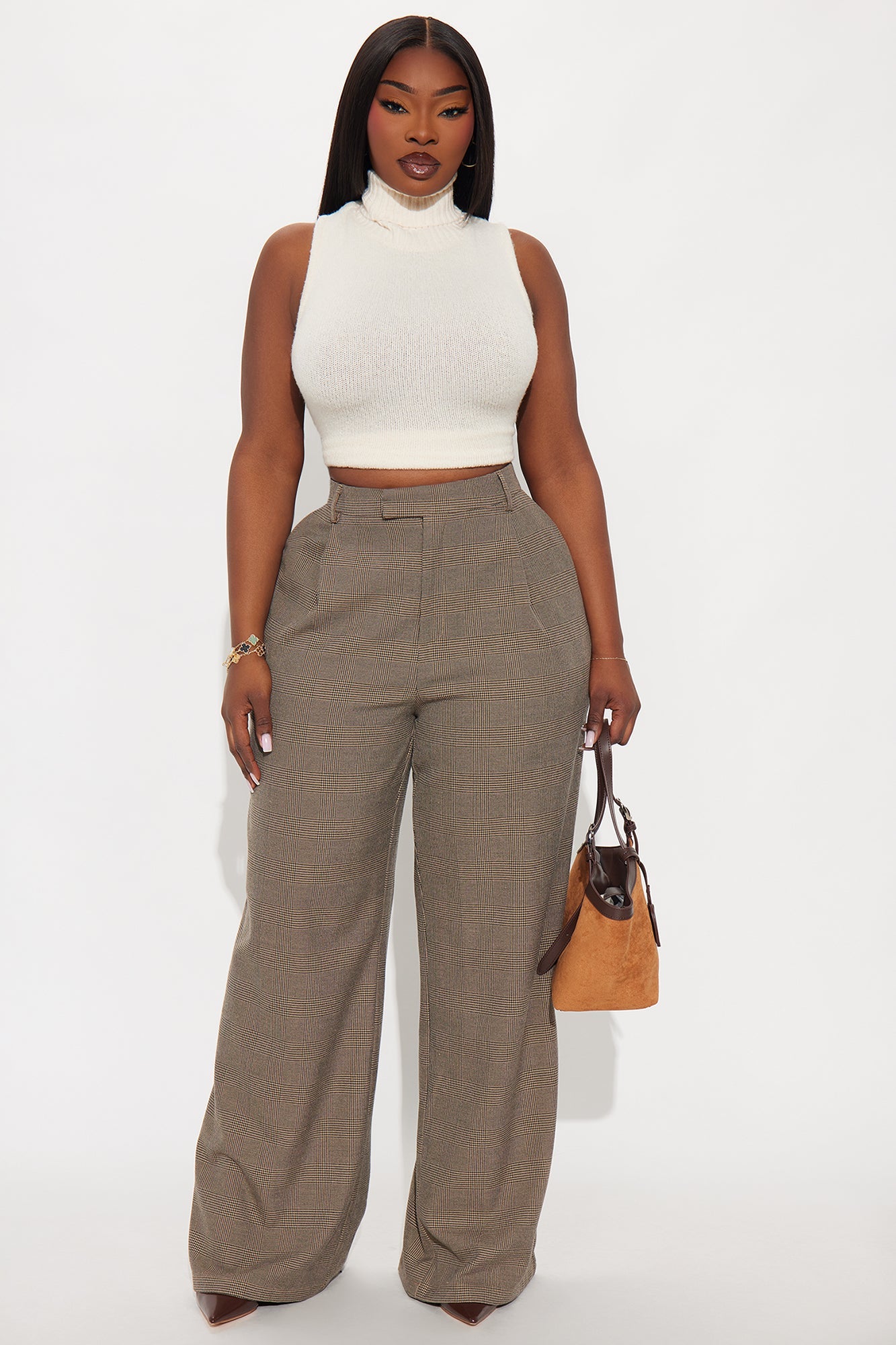 Clarissa Wide Leg Plaid Trouser Pants 33″ - Brown