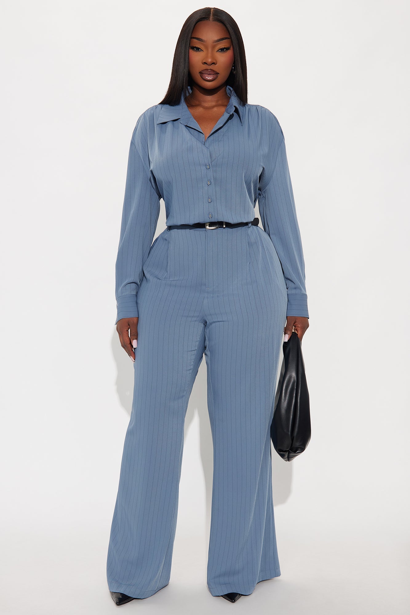 Isla Pinstripe Belted Pant Set - Slate Blue
