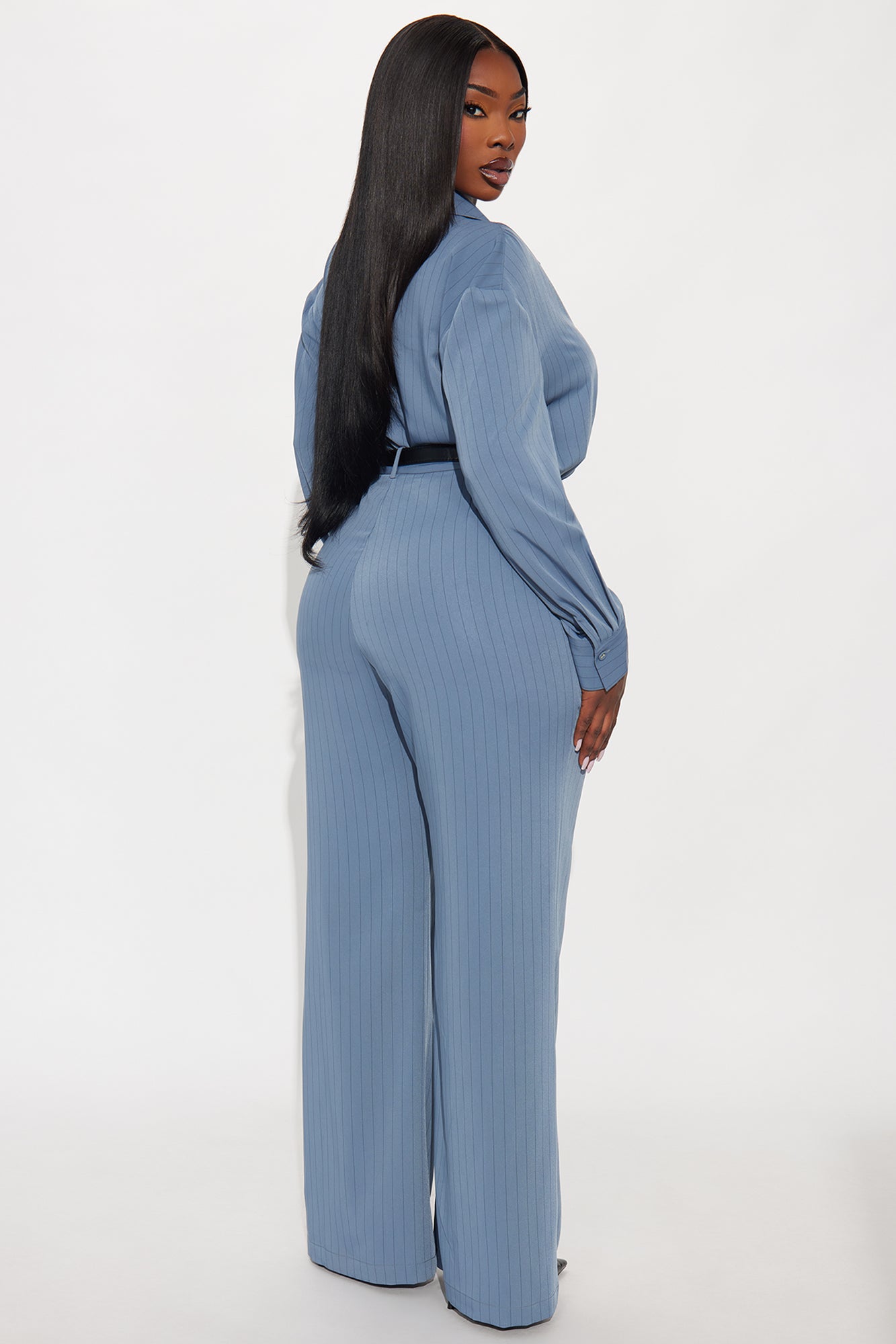 Isla Pinstripe Belted Pant Set - Slate Blue