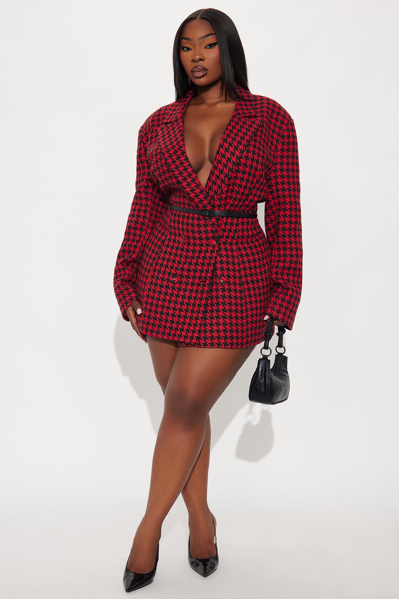 Winifred Belted Houndstooth Blazer - Red/combo