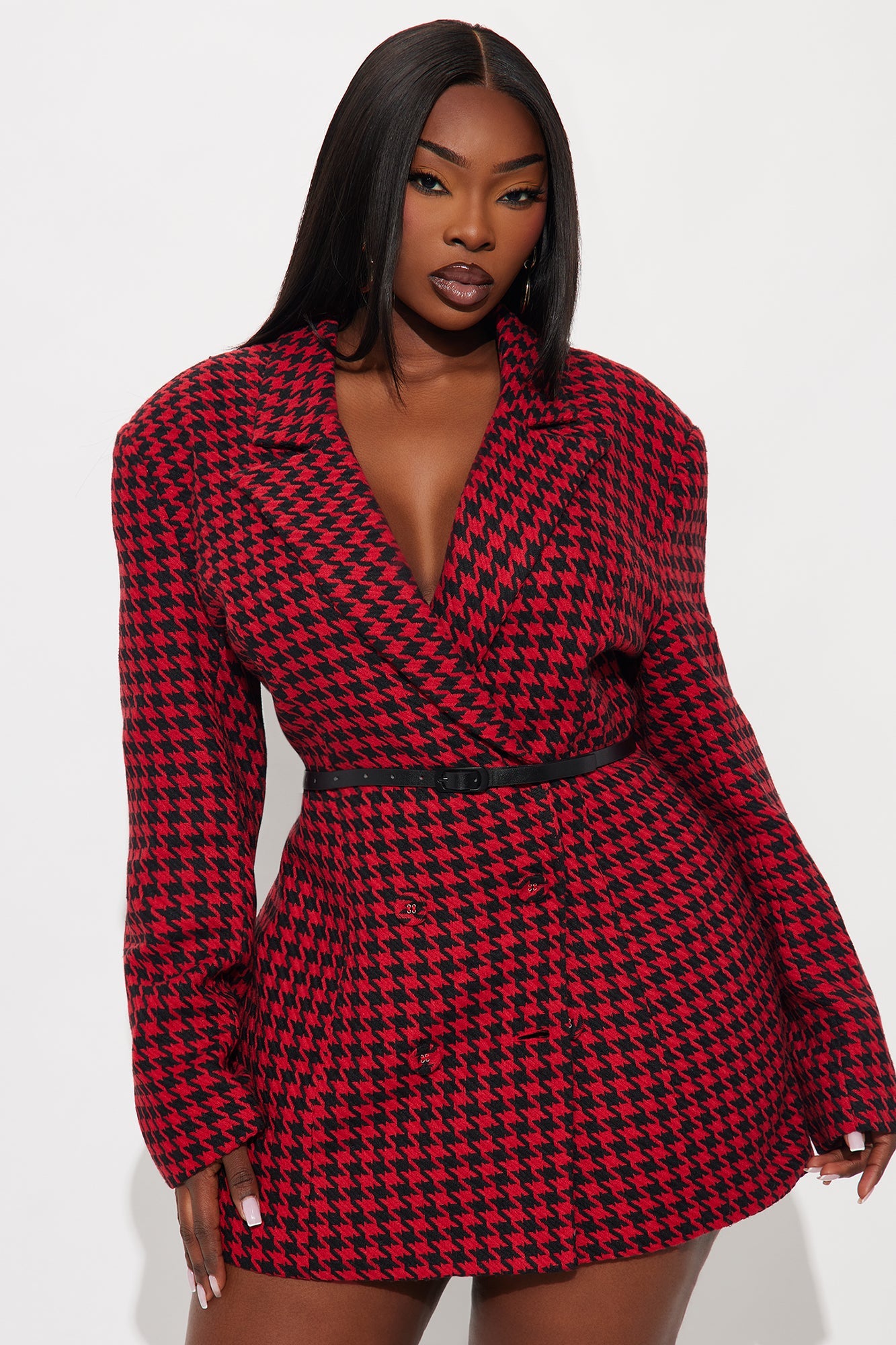 Winifred Belted Houndstooth Blazer - Red/combo