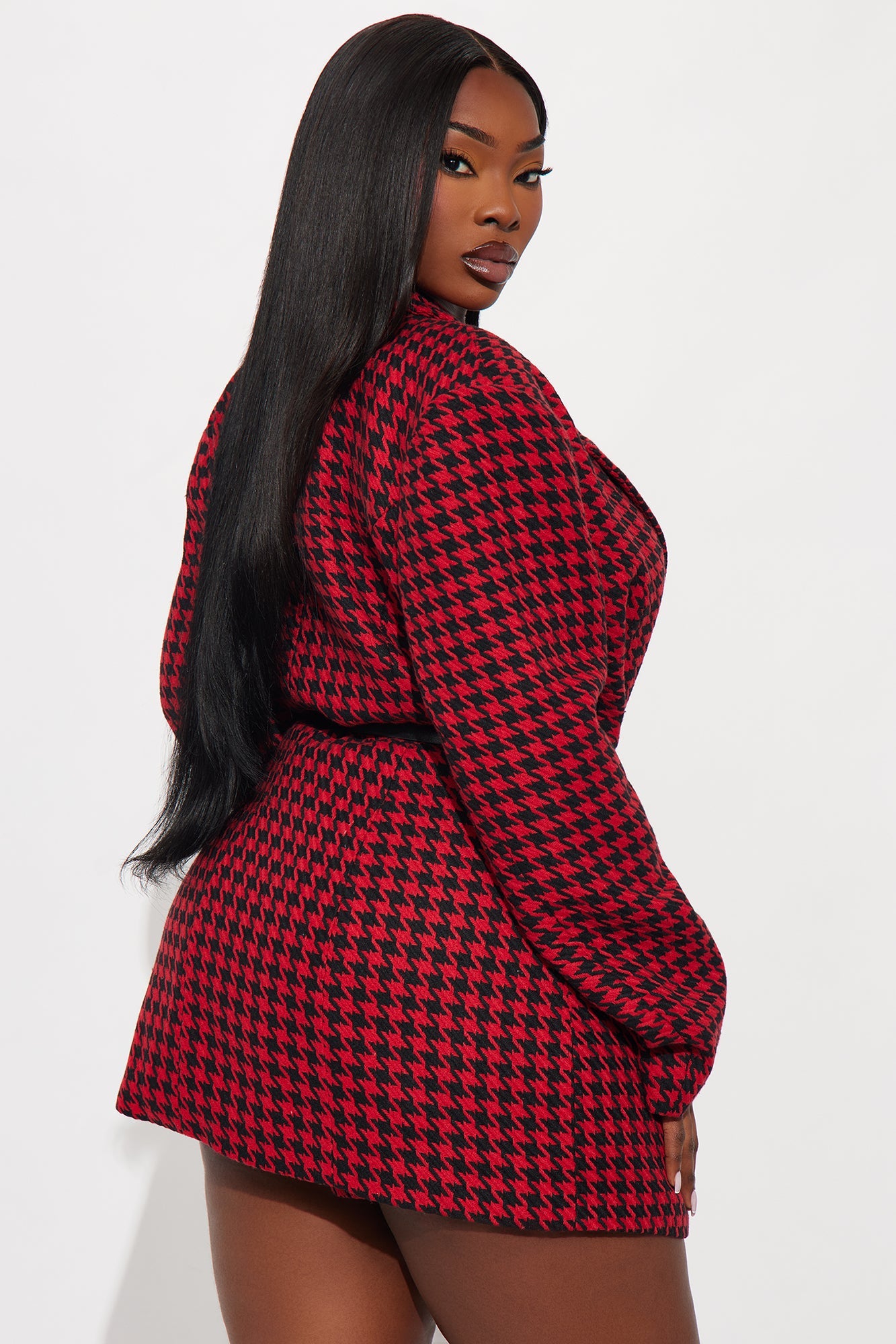Winifred Belted Houndstooth Blazer - Red/combo