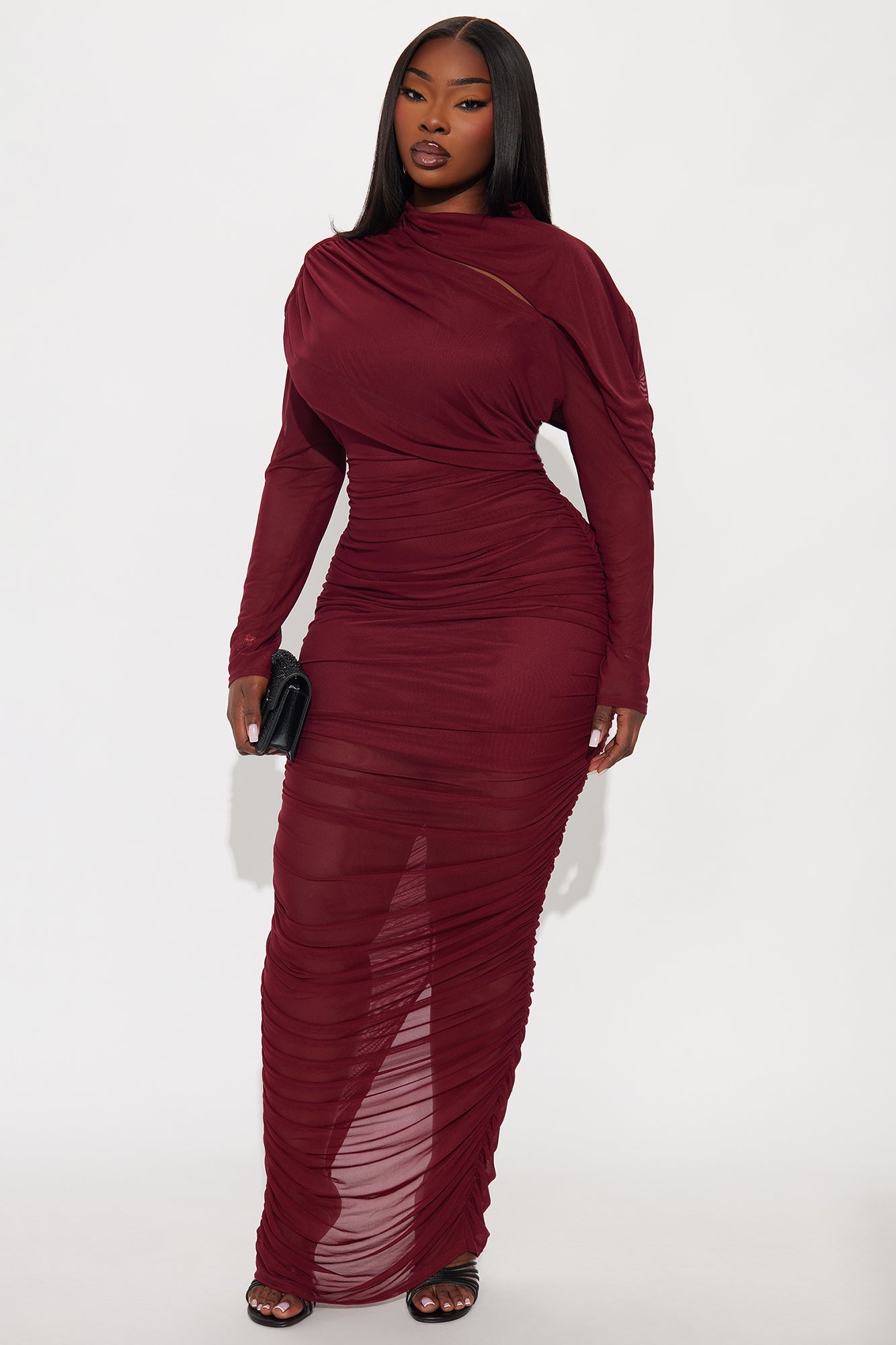 Tongue Tied Ruched Maxi Dress - Burgundy