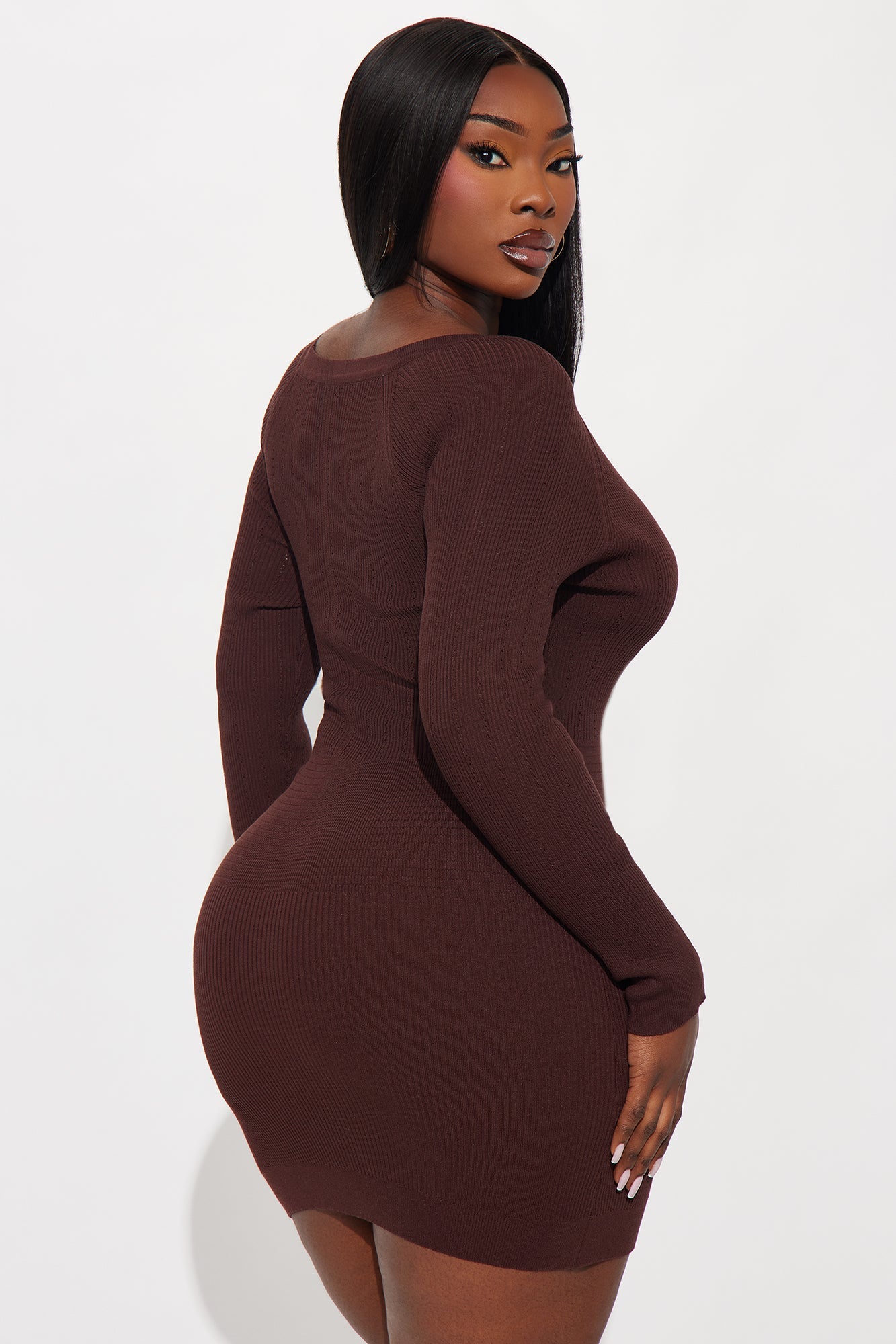 Fit For Fall Long Sleeve Sweater Mini Dress - Chocolate