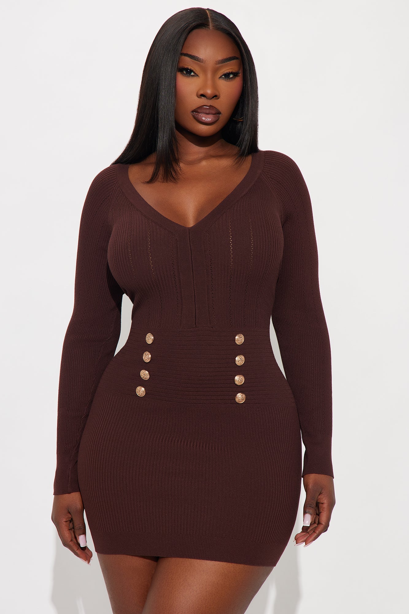 Fit For Fall Long Sleeve Sweater Mini Dress - Chocolate