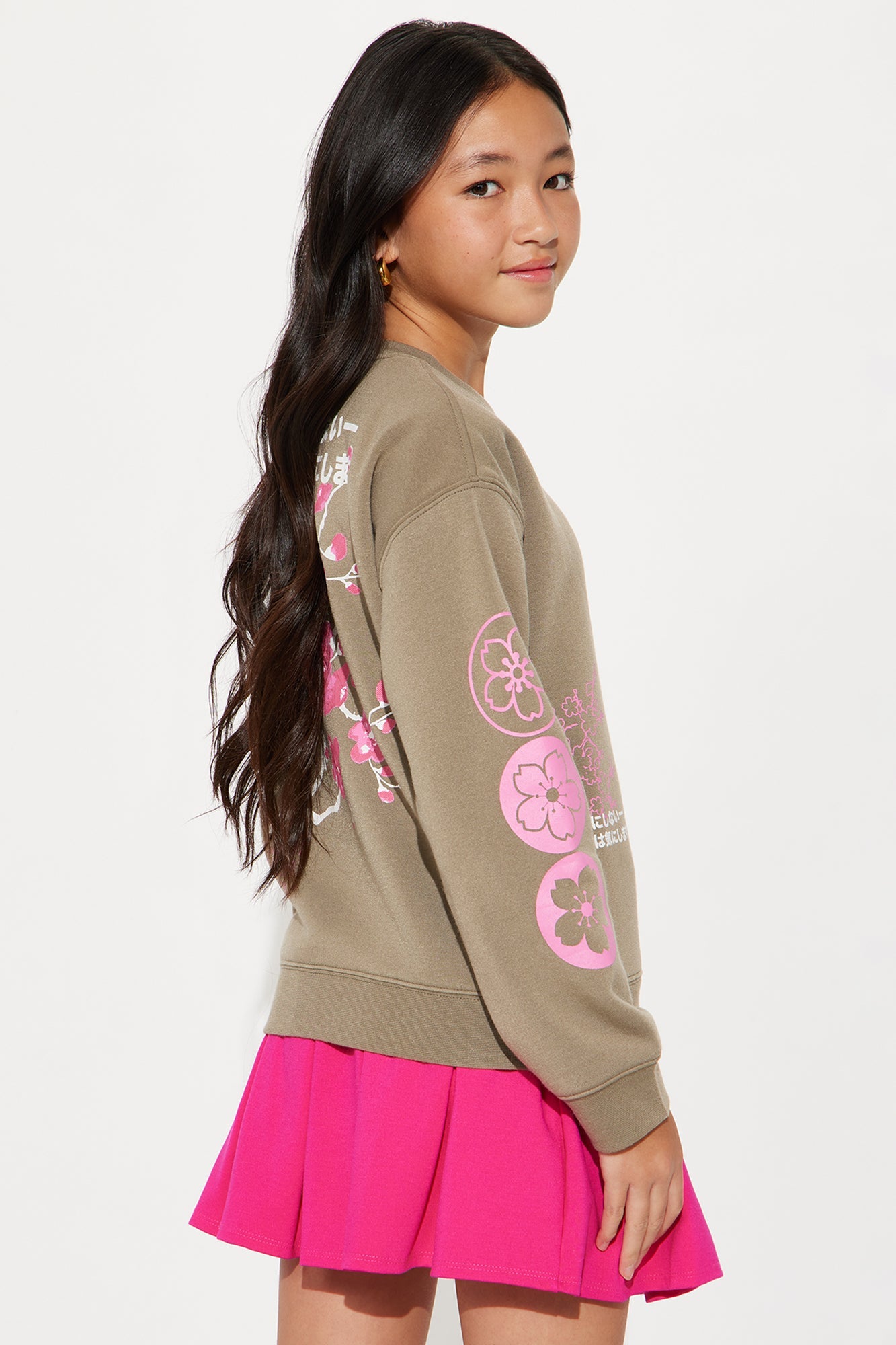 Mini Cherry Blossom Front/Back Crew Neck Sweatshirt - Olive