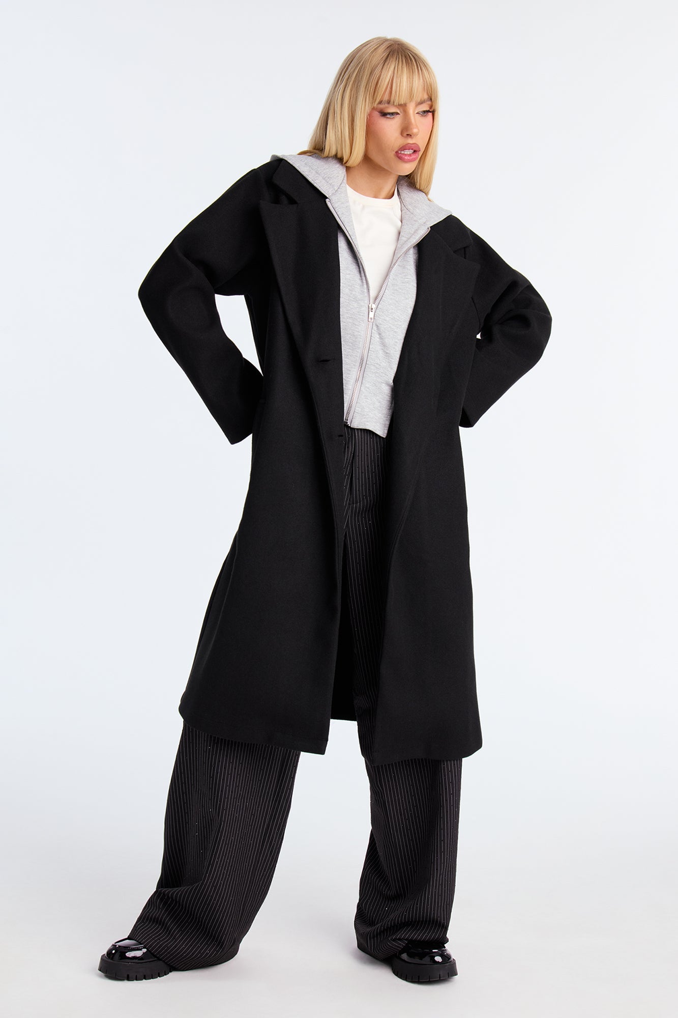 Hustle Culture Two-Fer Hooded Coat - Black/combo