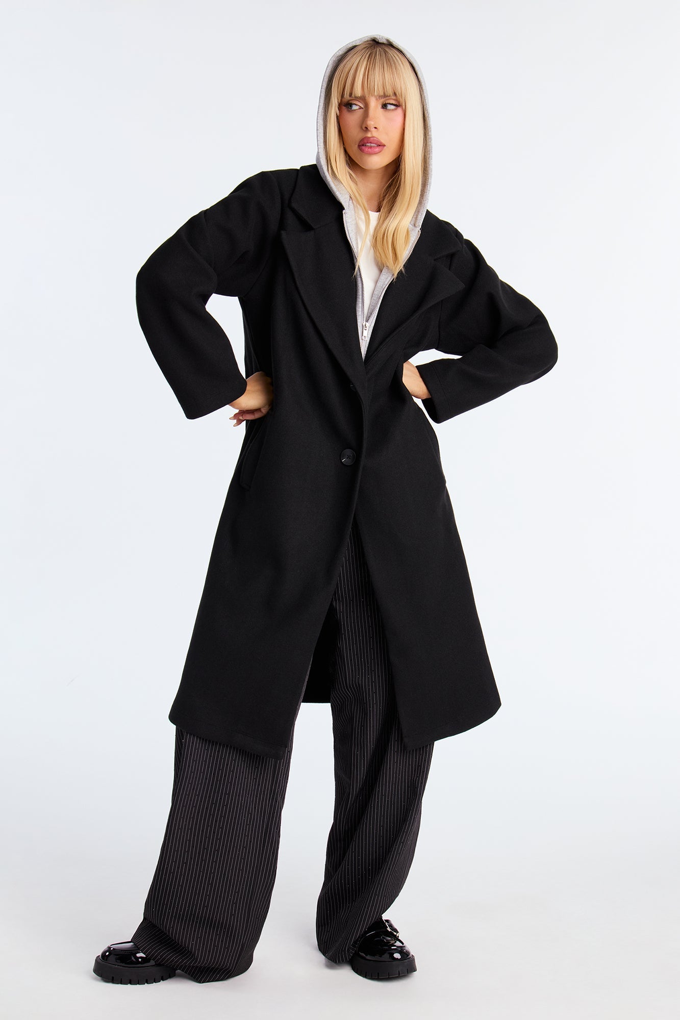 Hustle Culture Two-Fer Hooded Coat - Black/combo