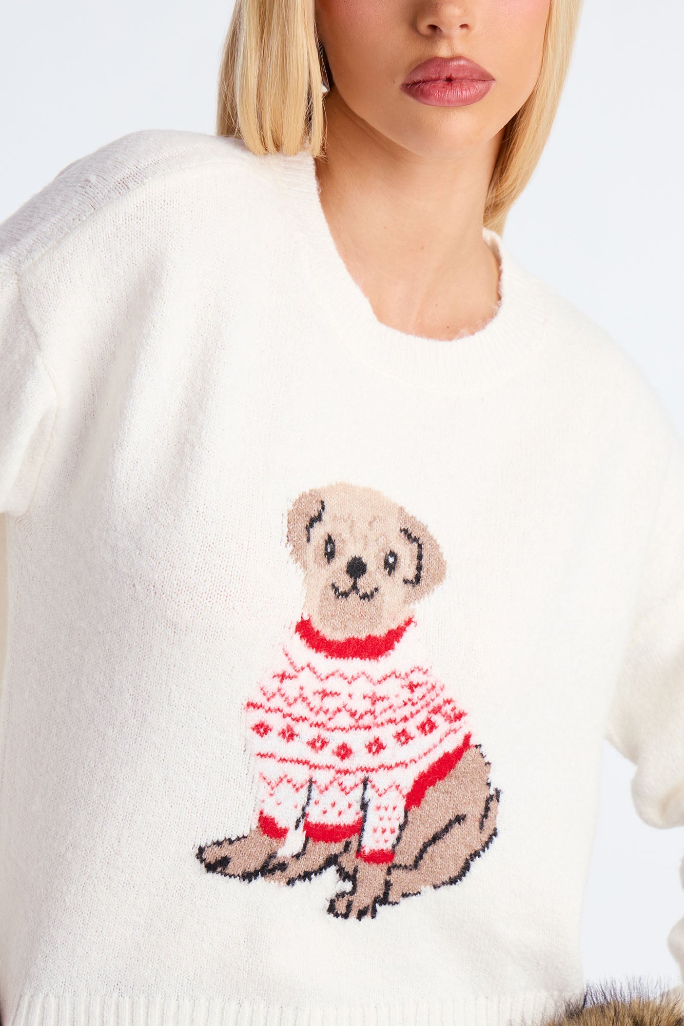 Stay Pawsitive Puppy Graphic Christmas Sweater - Ivory/combo