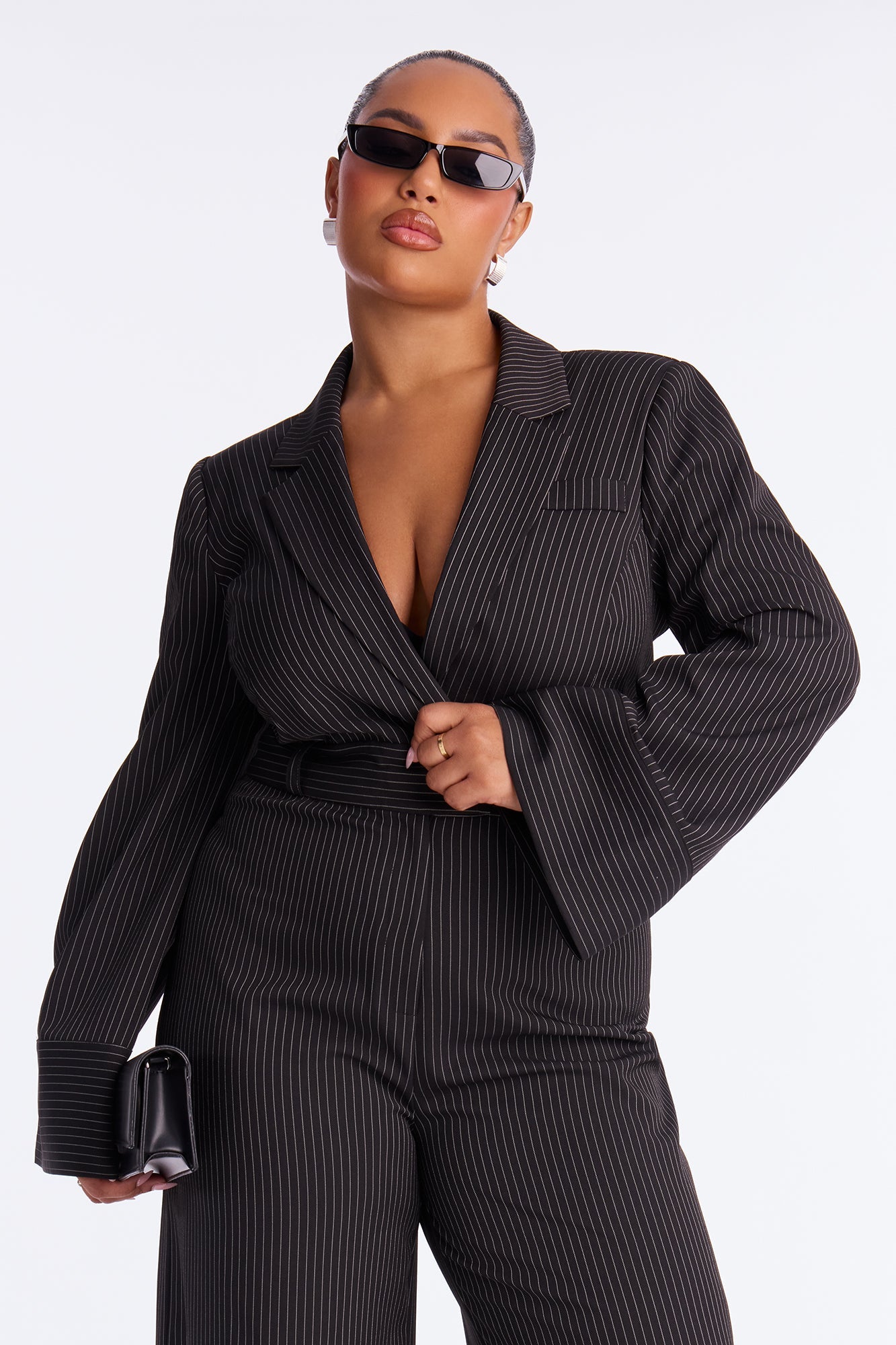Kylie Blazer Pinstripe Wide Leg Jumpsuit - Black