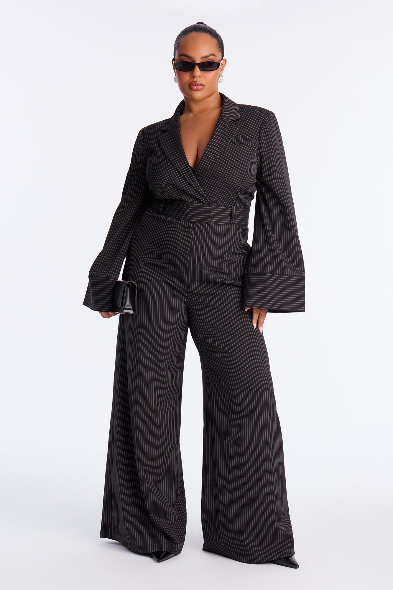 Kylie Blazer Pinstripe Wide Leg Jumpsuit - Black