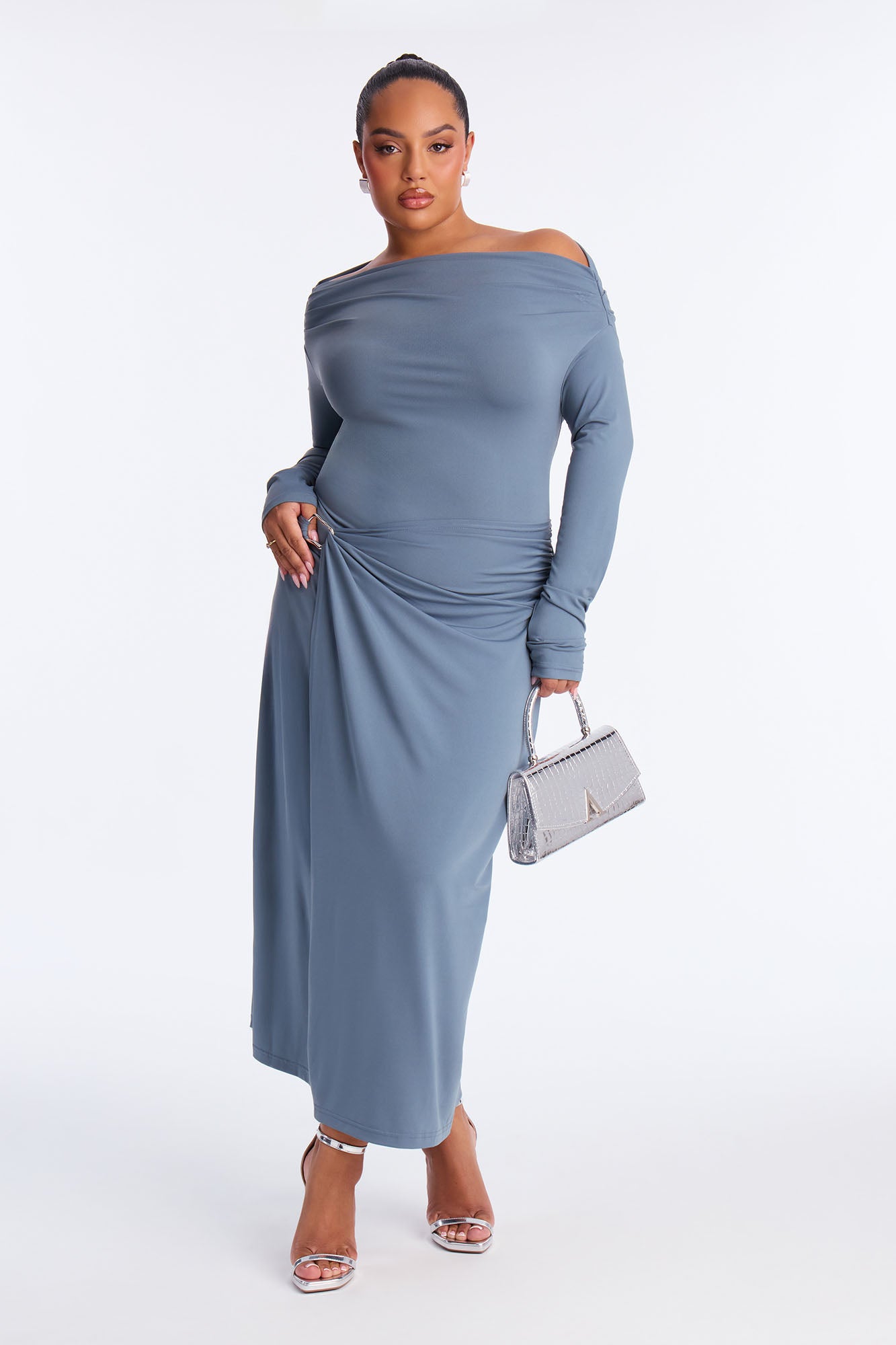 Aria Off Shoulder Draped Midi Dress - Slate Blue