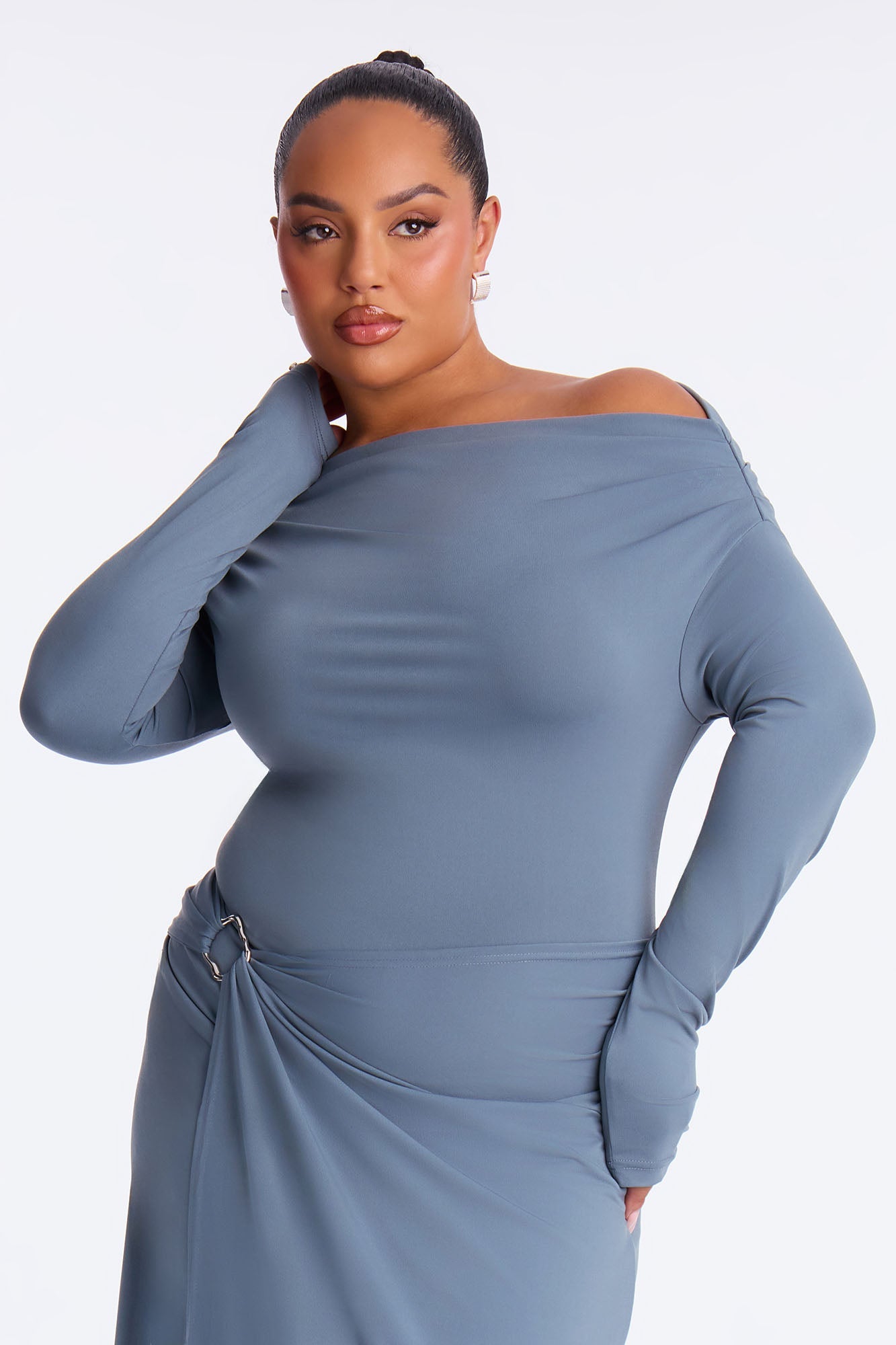 Aria Off Shoulder Draped Midi Dress - Slate Blue