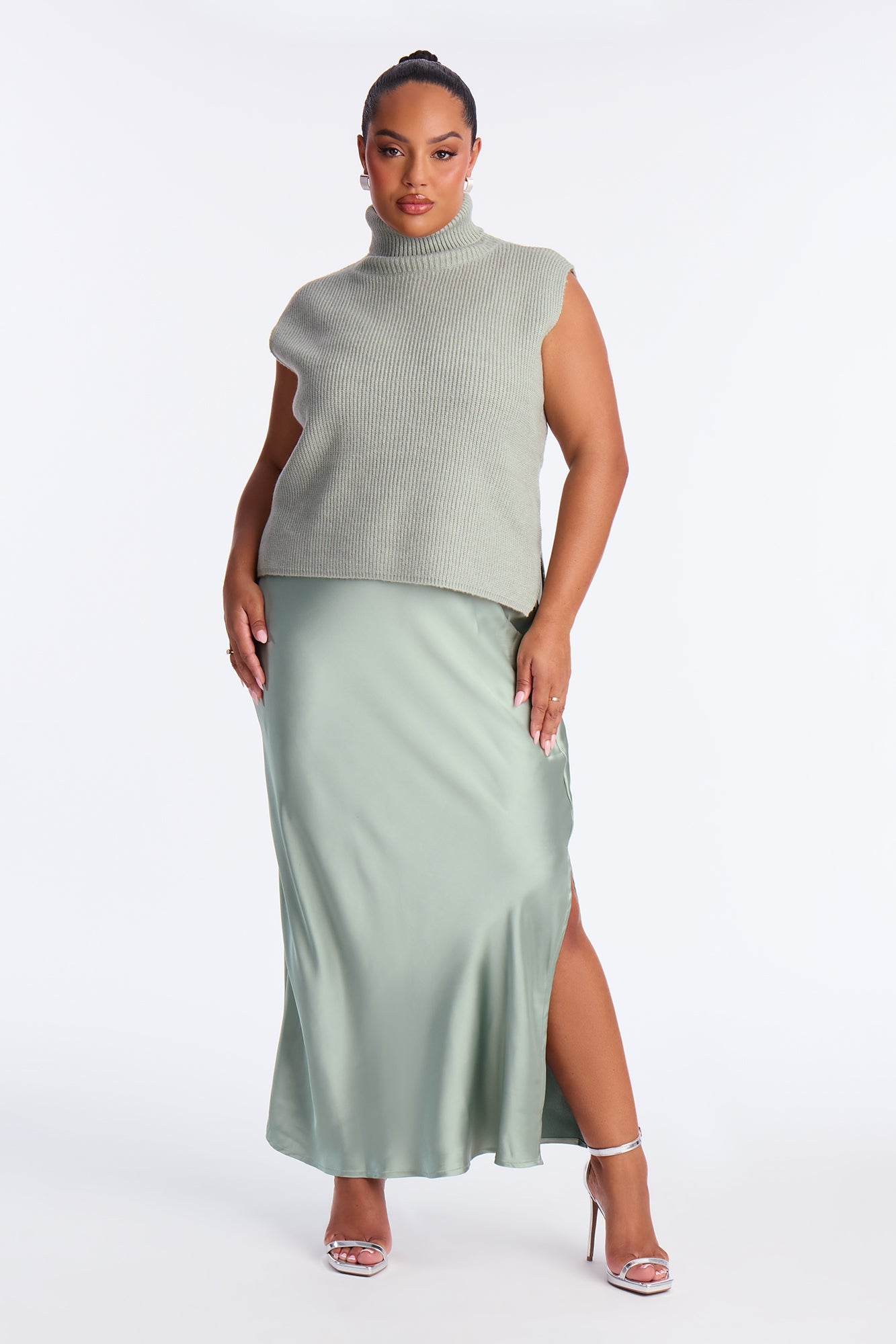 Always Sweet Satin Sweater Maxi Dress Set - Sage