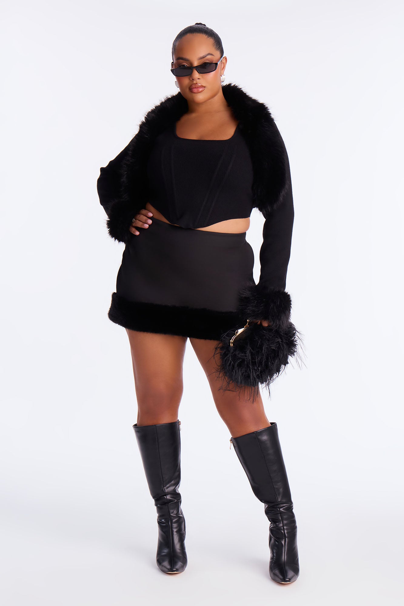 Cute And Cozy Wool Faux Fur Trim Mini Skirt - Black