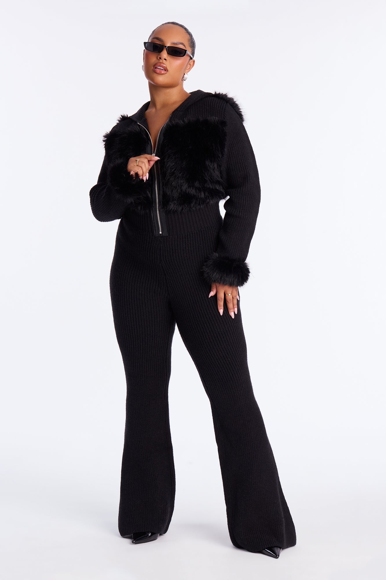 Soft Spoken Faux Fur Sweater Jumpsuit - Black