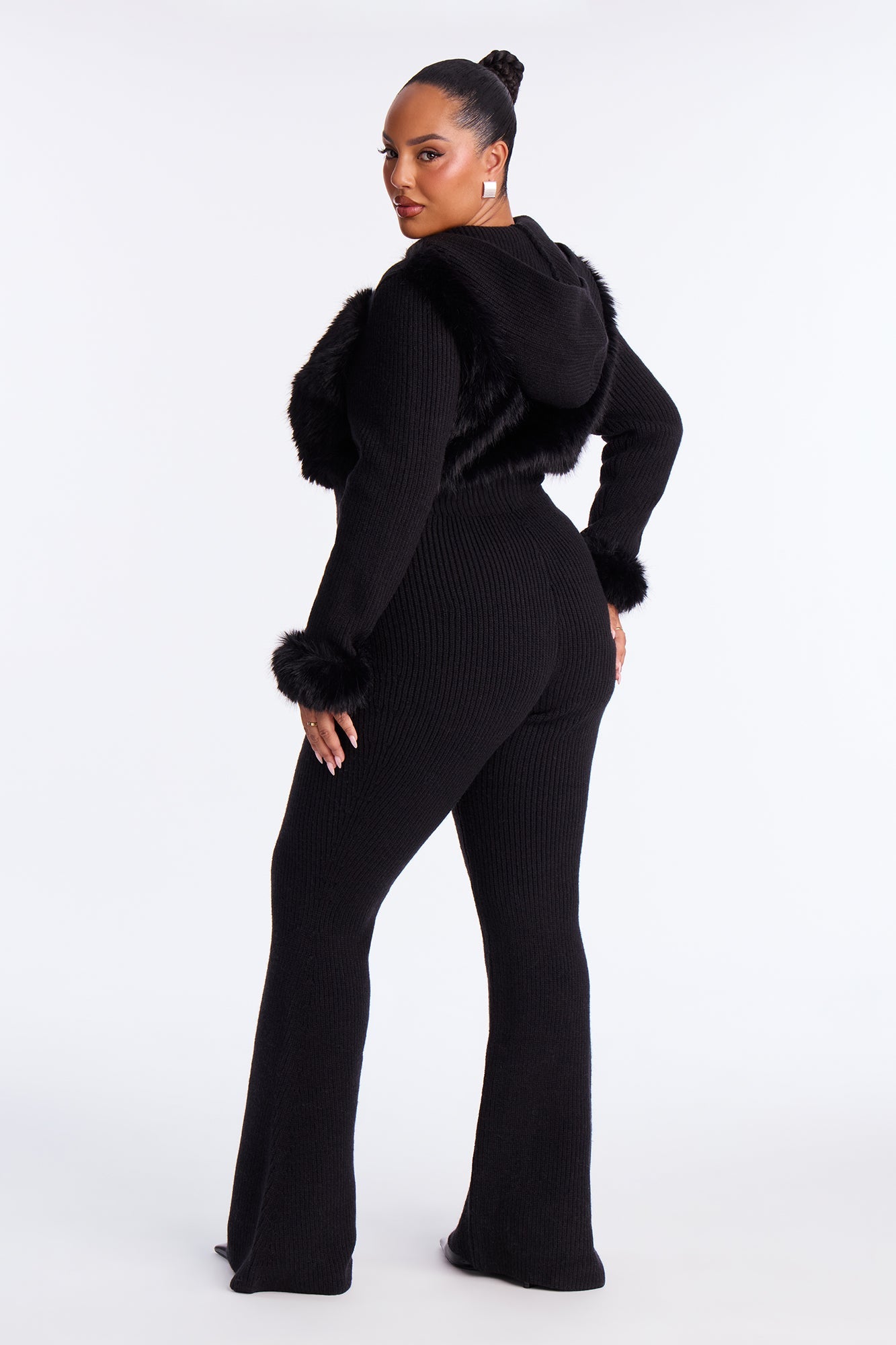 Soft Spoken Faux Fur Sweater Jumpsuit - Black