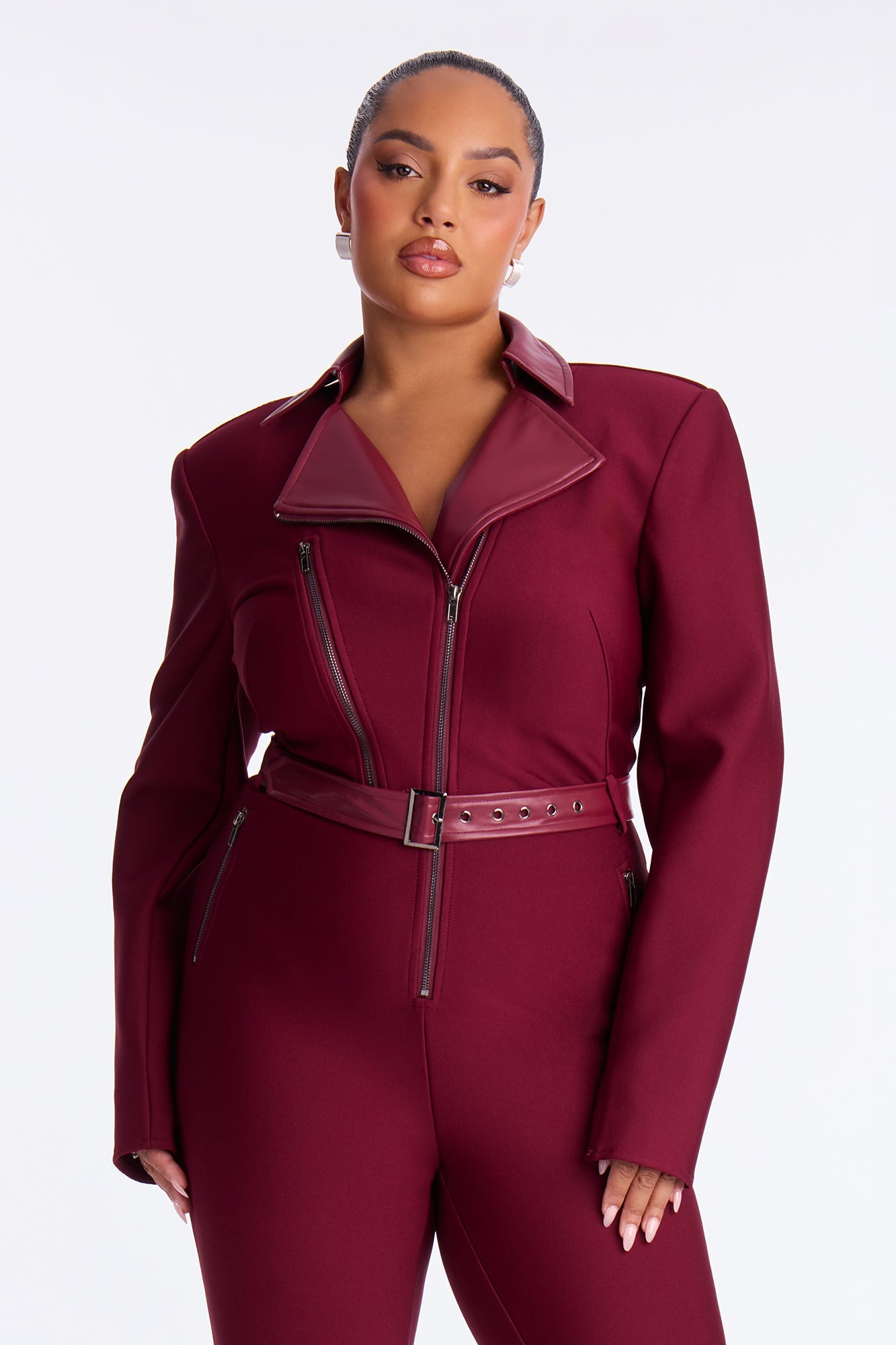 Irina Bold Bandage Moto Jumpsuit - Burgundy