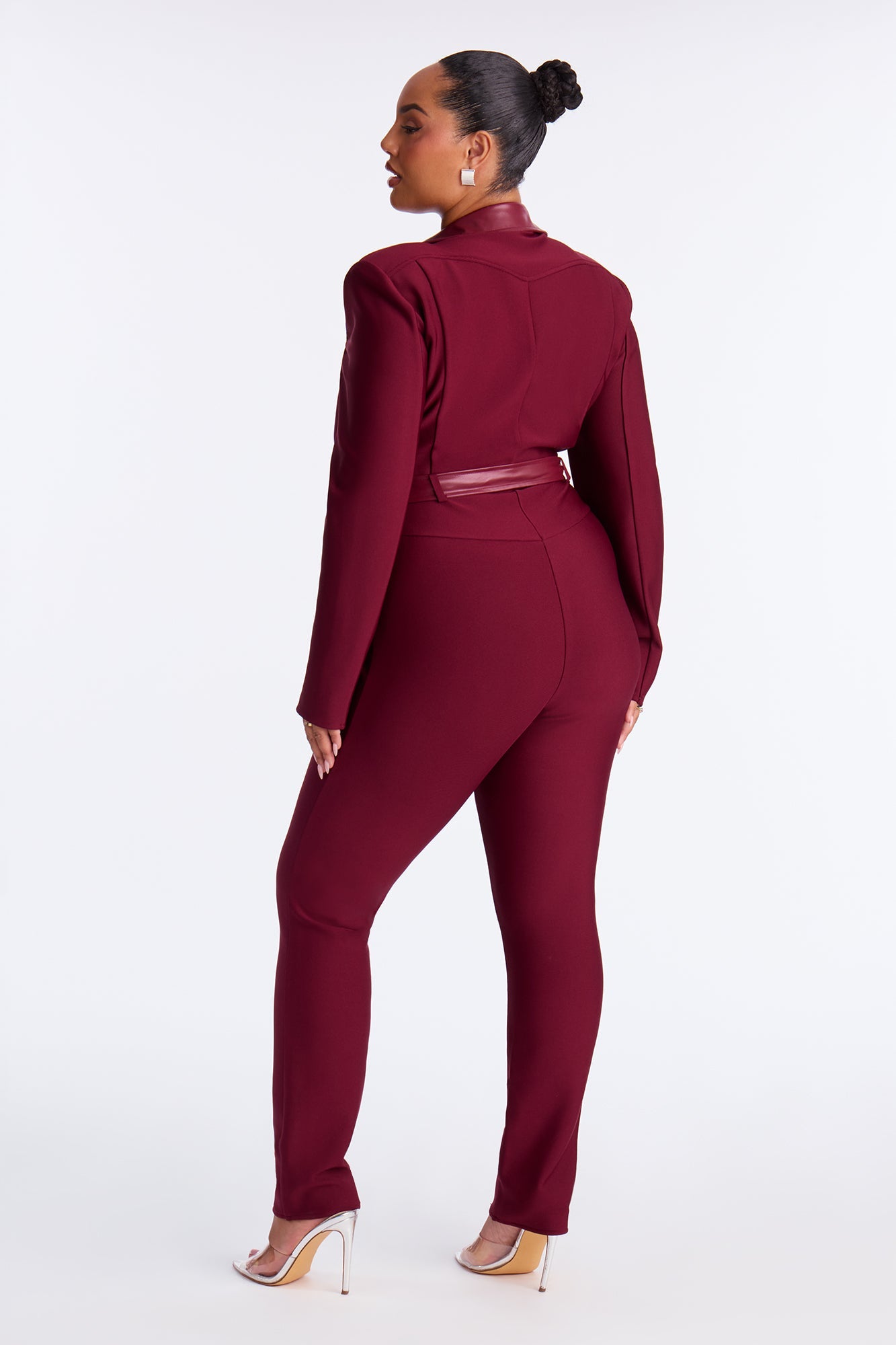 Irina Bold Bandage Moto Jumpsuit - Burgundy