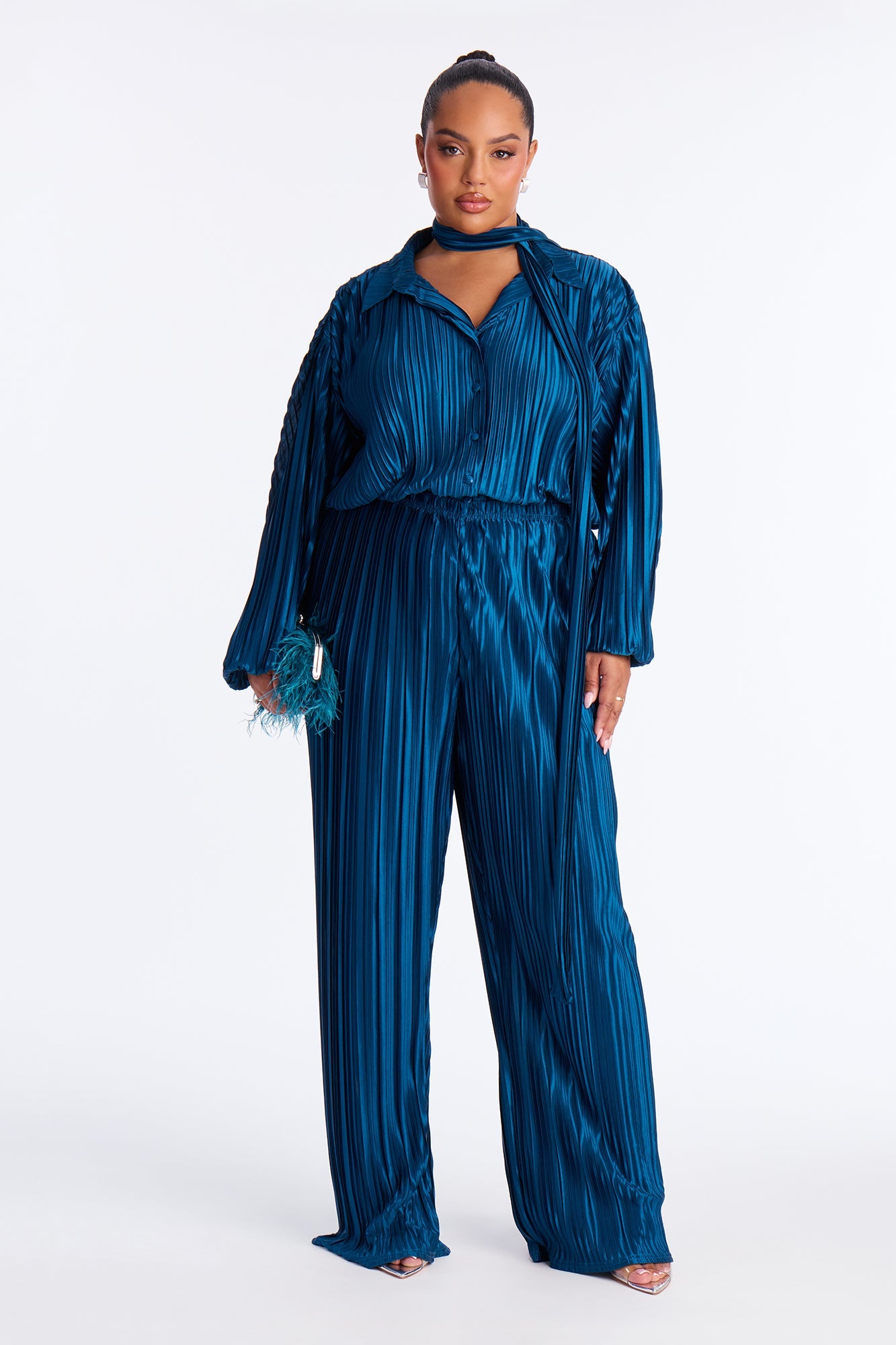 So Dramatic Satin Bodysuit 3 Piece Pant Set - Teal