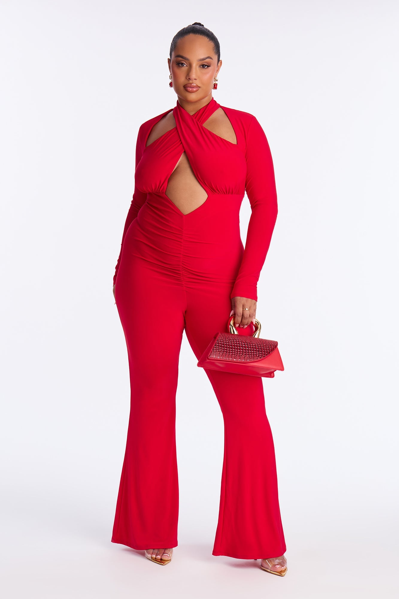 Stacey Long Sleeve Flare Leg Jumpsuit - Red