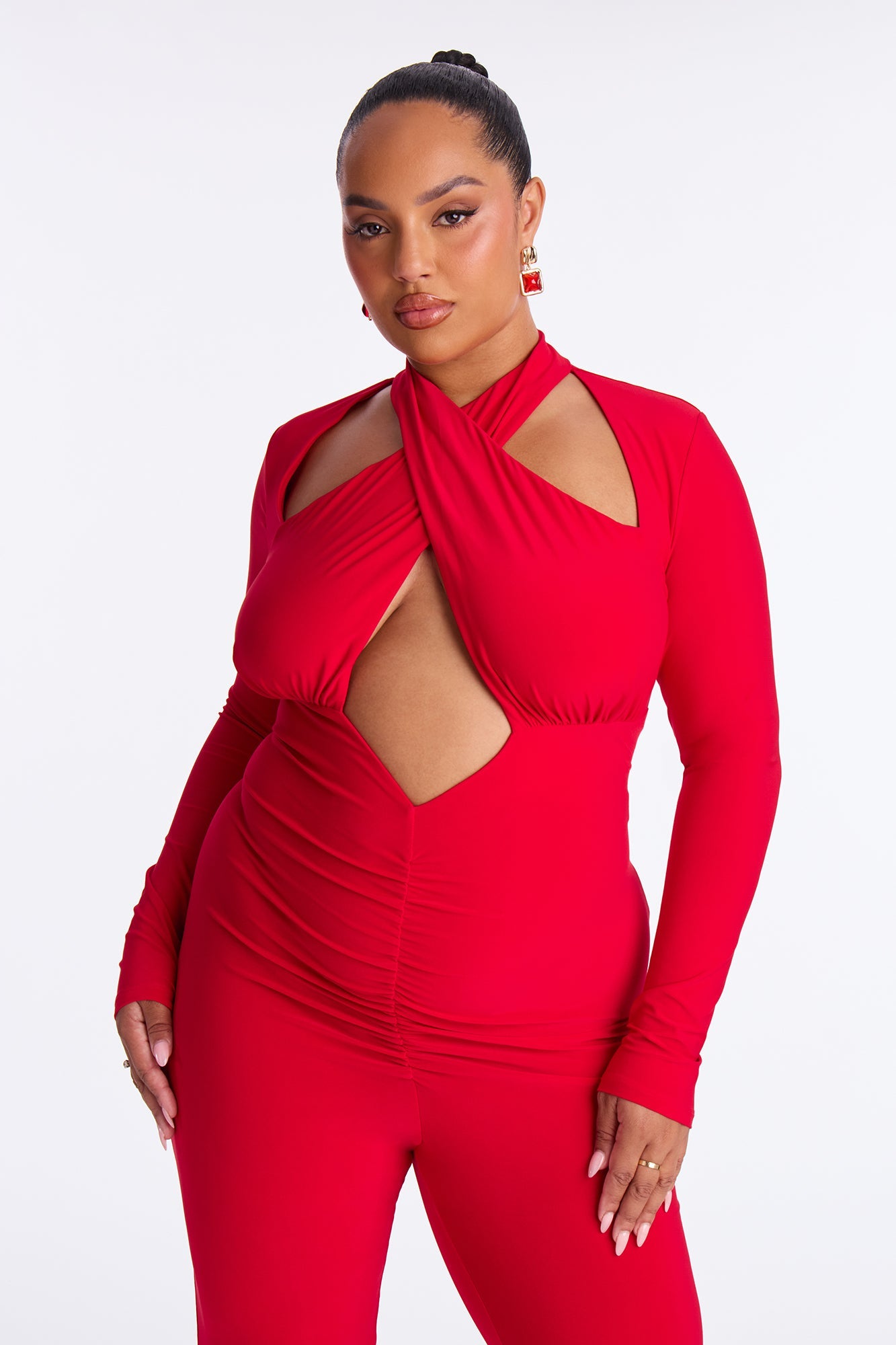 Stacey Long Sleeve Flare Leg Jumpsuit - Red