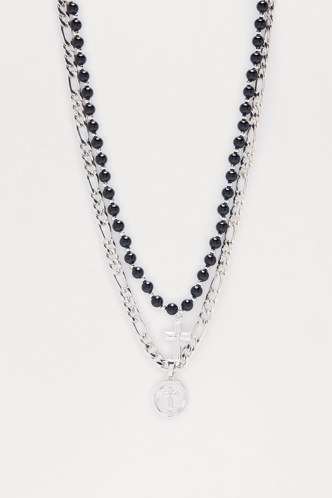 Beaded Rocker Cross Pendant Necklace Set - Silver/Combo