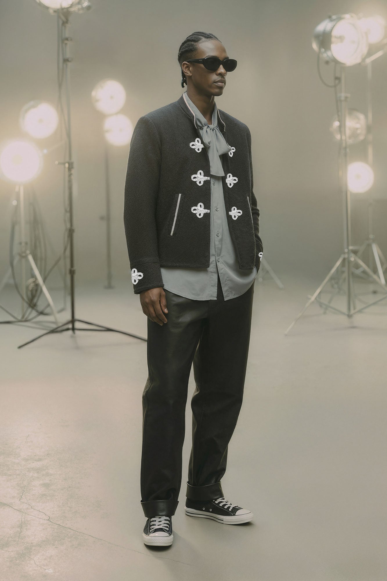 Relaxed Rocker Applique Faux Wool Hybrid Jacket - Dark Grey