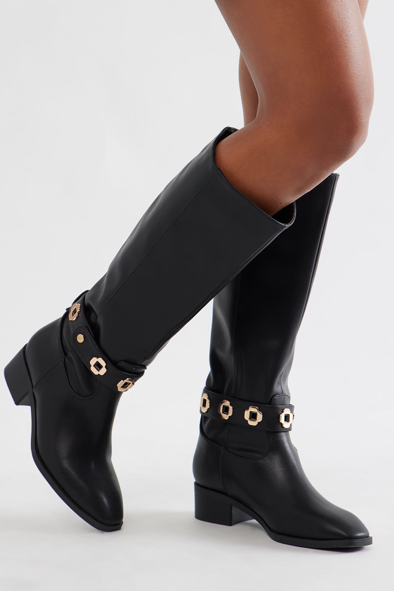 Yadira Hardware Knee High Boots - Black