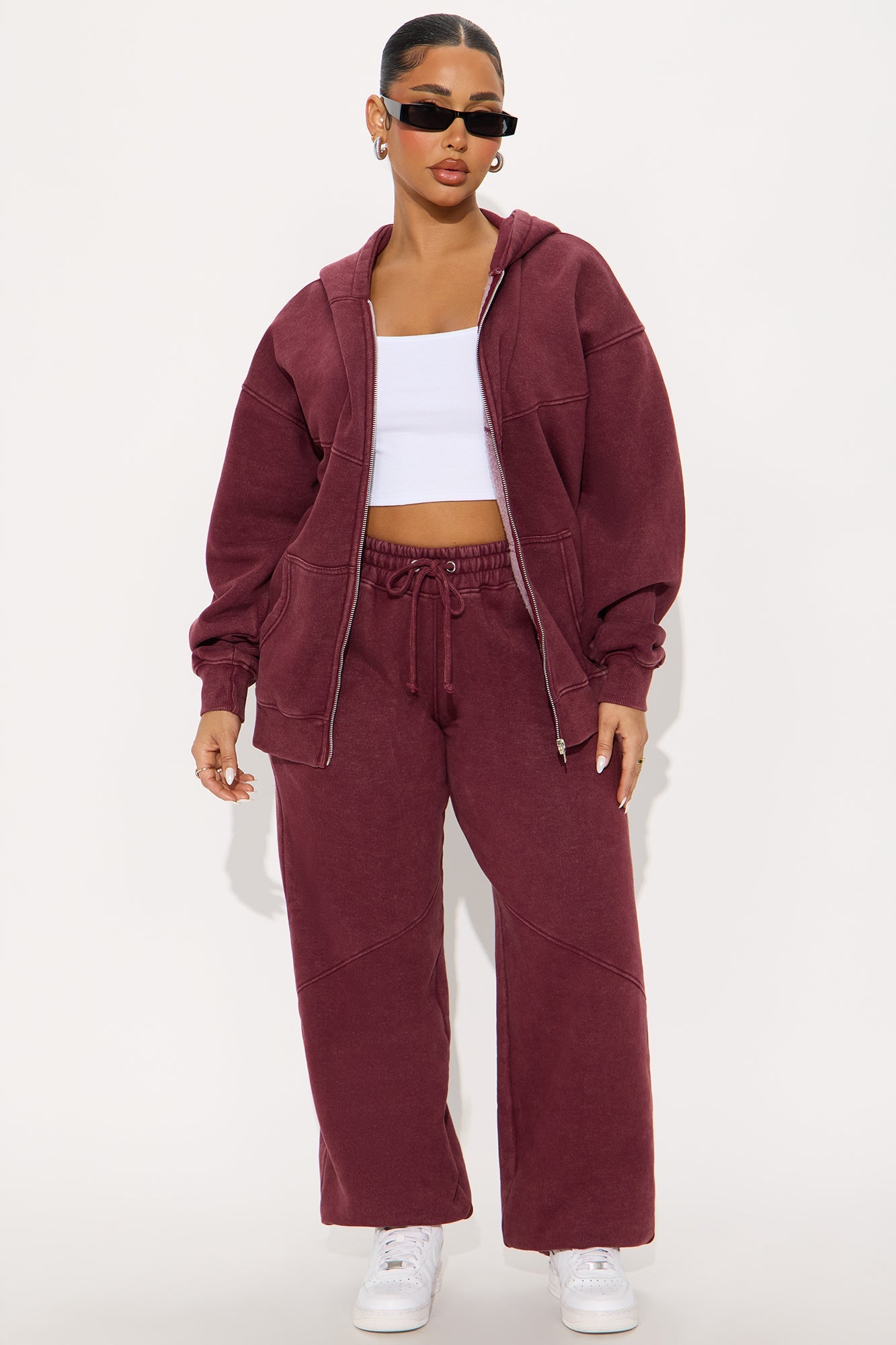 Kathleen Washed Fleece Lounge Zip Up Hoodie - Burgundy