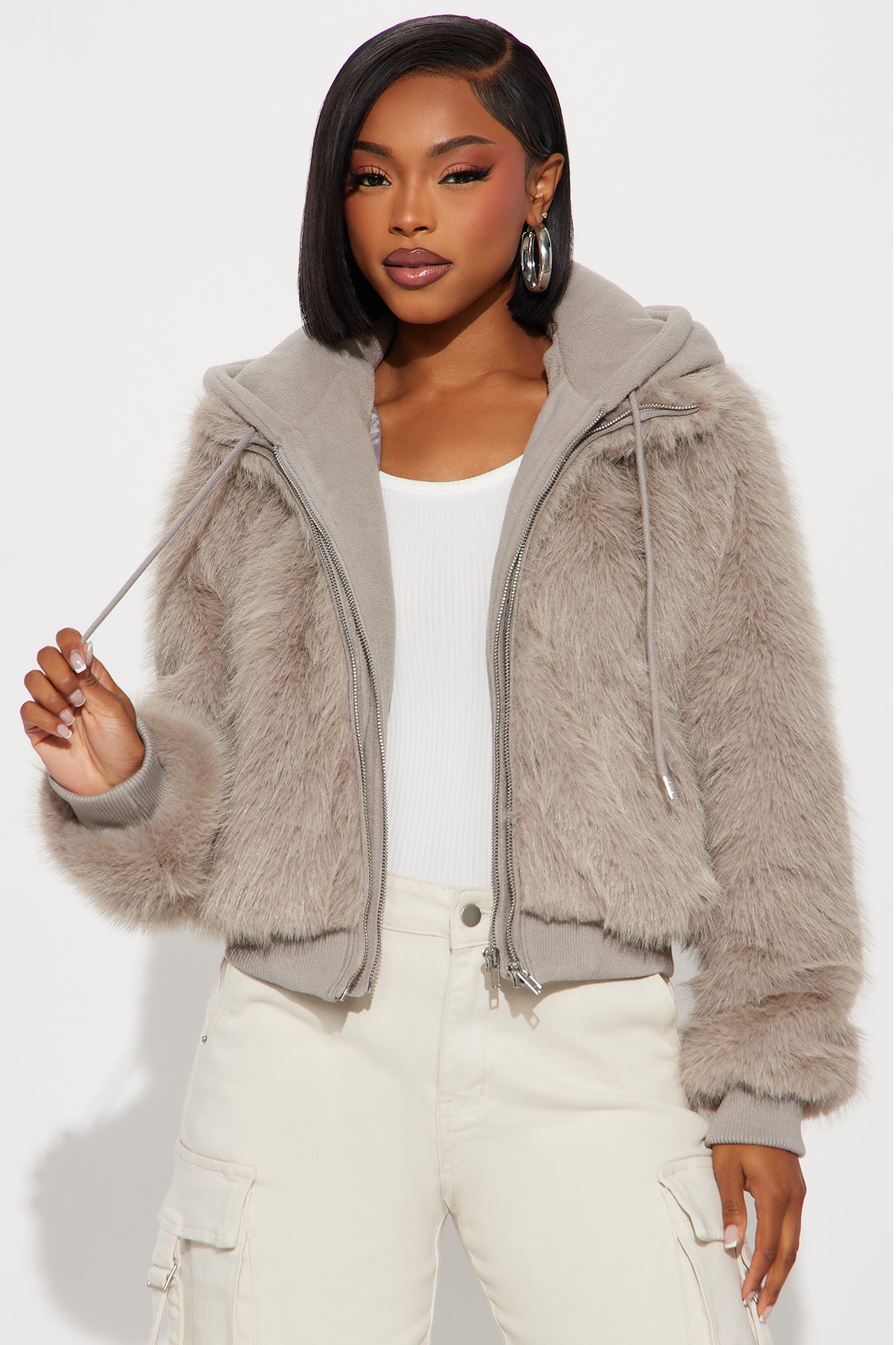 Cuddle Season Faux Fur Zip Up Hooded Coat - Grey