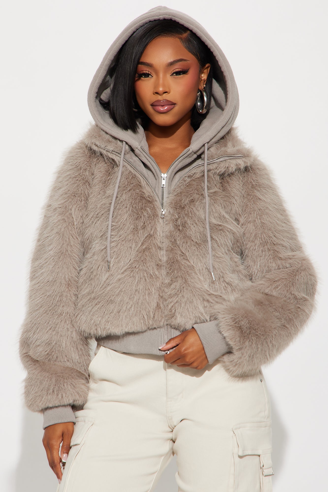 Cuddle Season Faux Fur Zip Up Hooded Coat - Grey