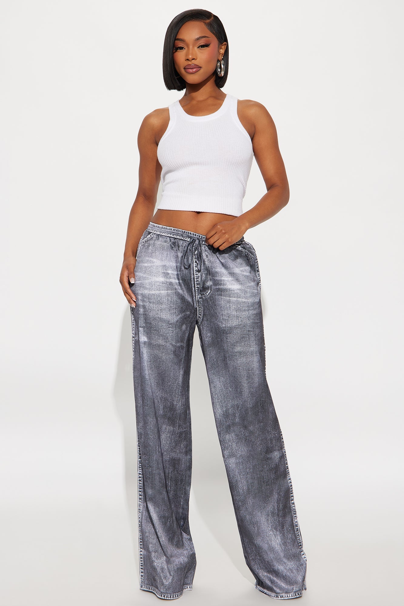 Out The Mix Denim Print Satin Pants - Grey