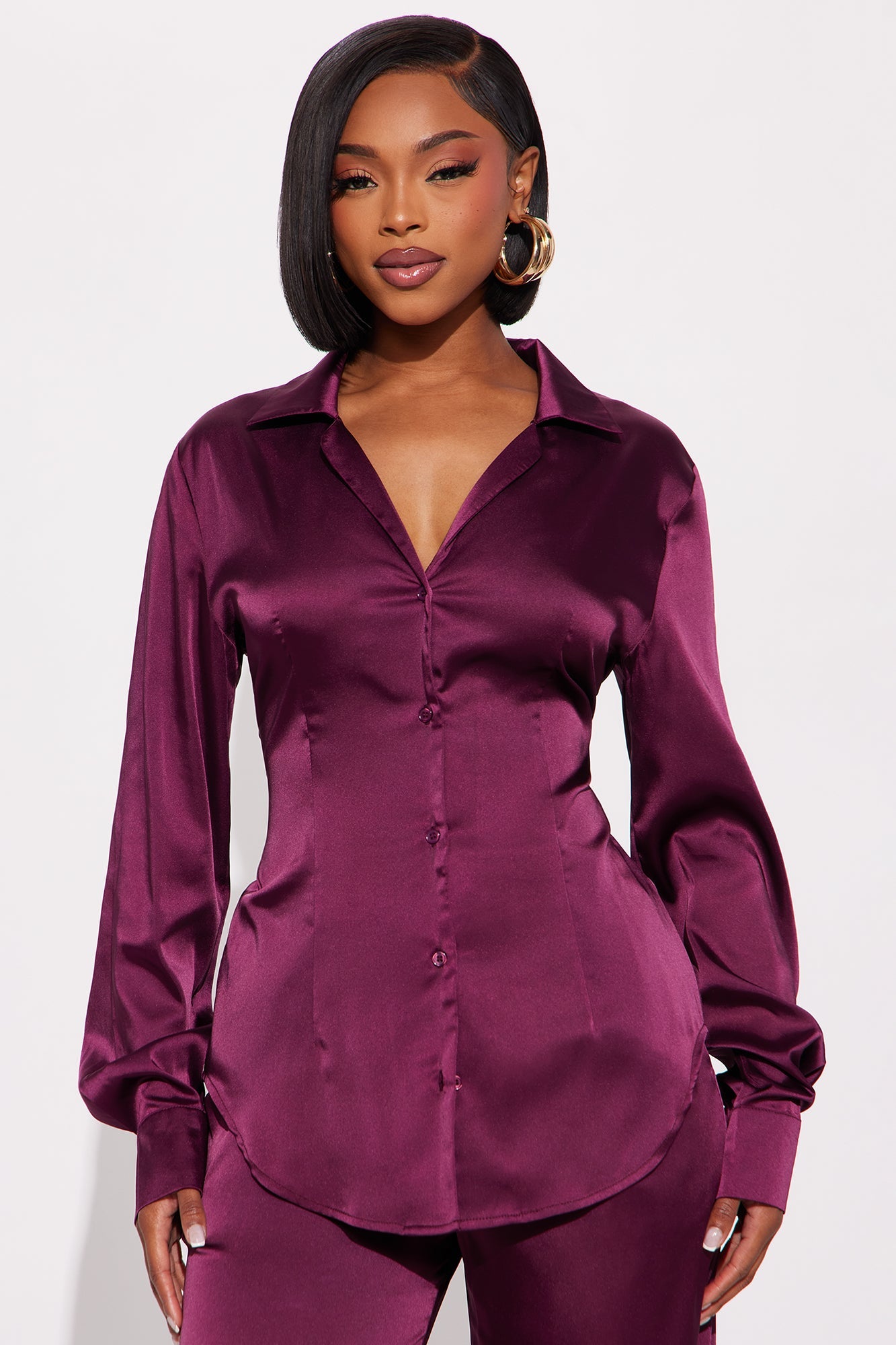 Sienna Fitted Satin Pant Set - Wine