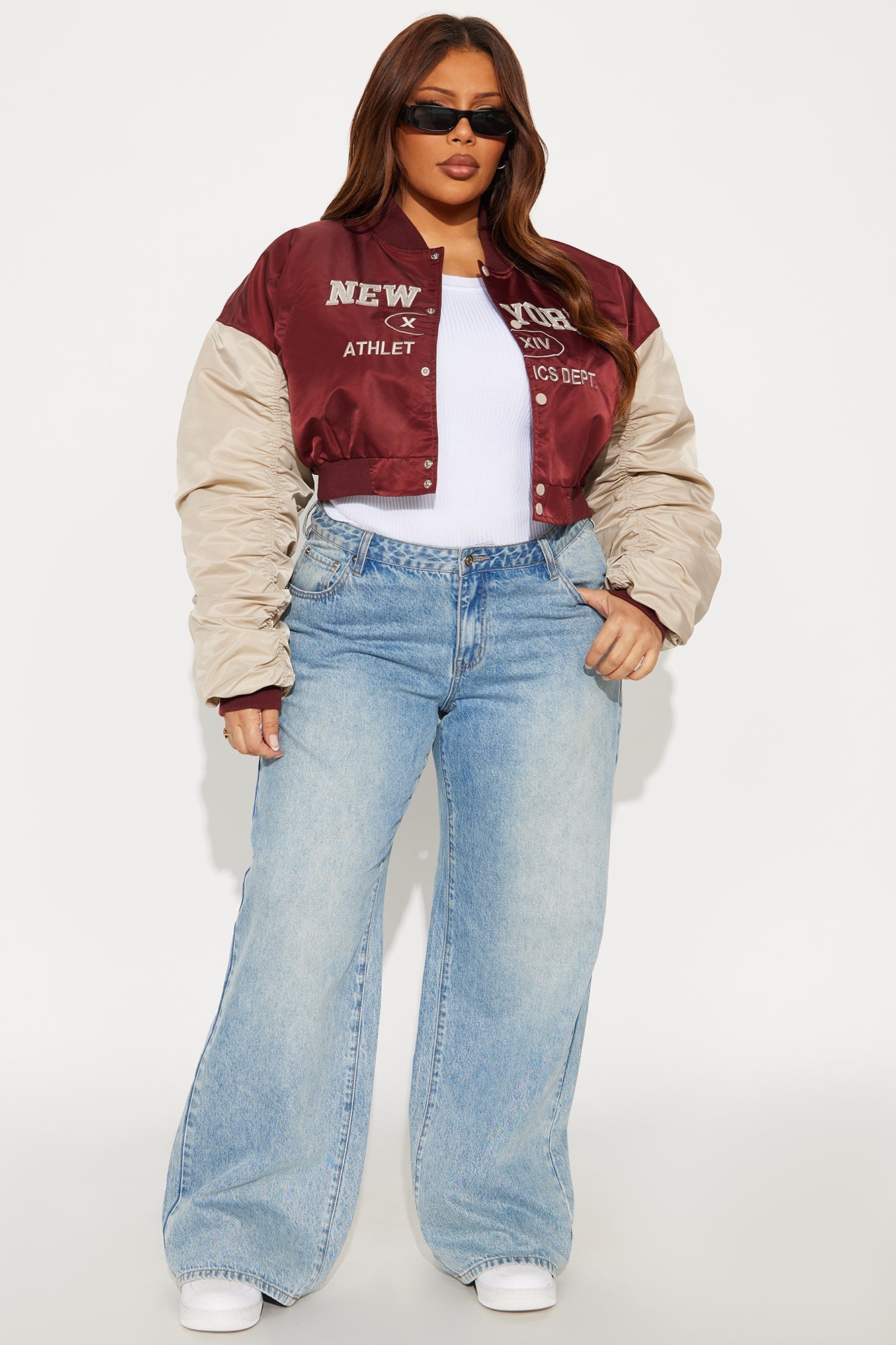 New York Athletics Cropped Ruched Bomber Jacket - Burgundy/combo