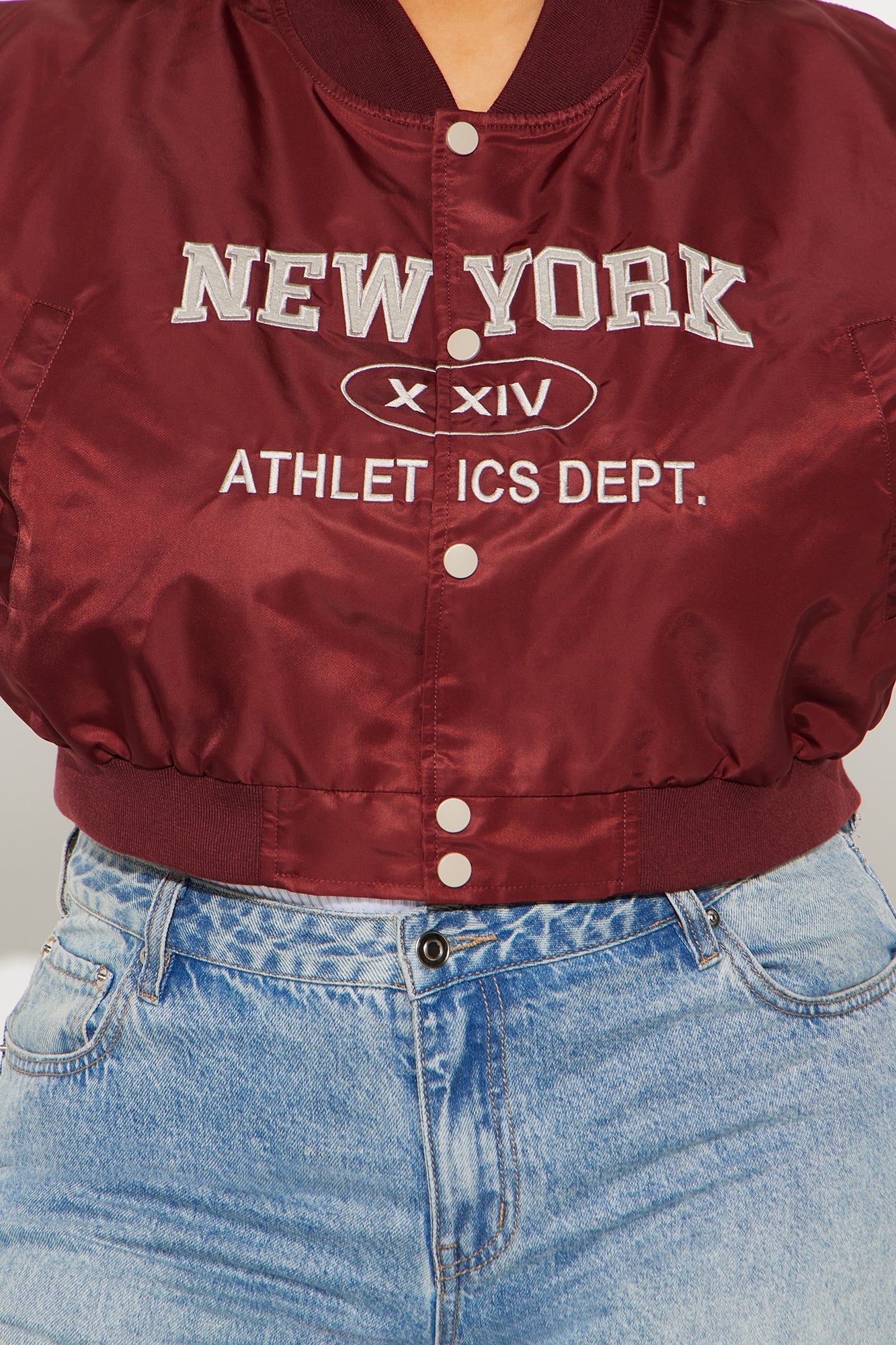 New York Athletics Cropped Ruched Bomber Jacket - Burgundy/combo