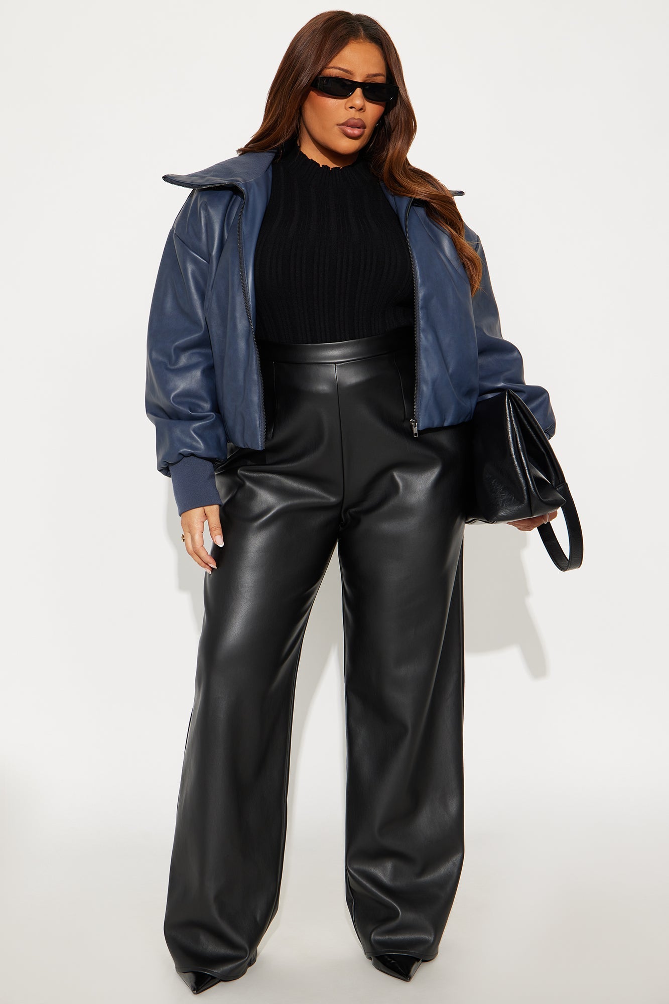 True Desire Washed Faux Leather Bomber Jacket - Navy