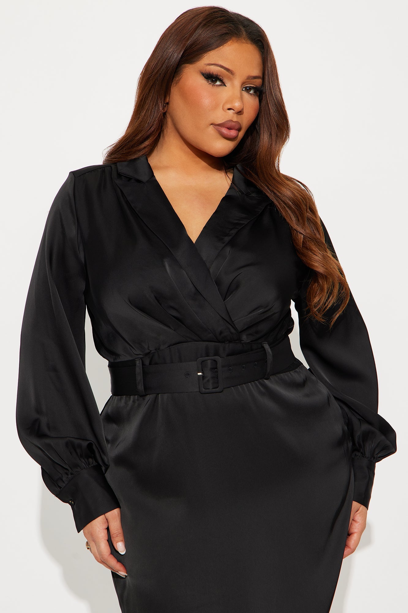 Braylynn Belted Satin Midi Dress - Black