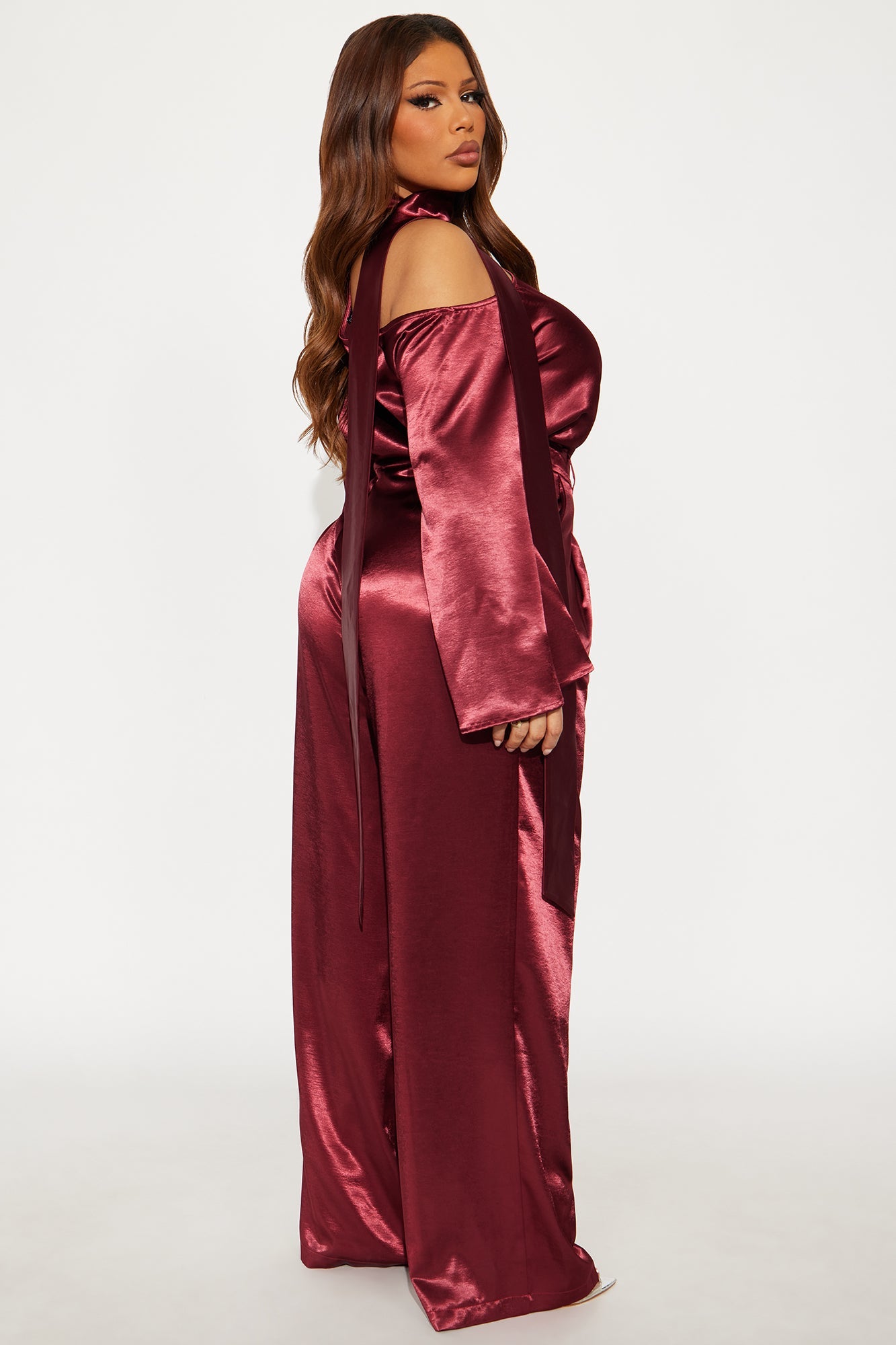 Adeline Satin Tie Neck Bodysuit Pant Set - Burgundy
