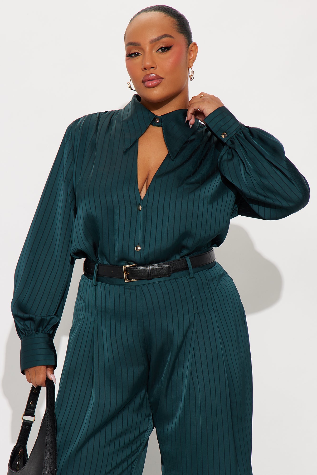 Emma Satin Pinstripe Pant Set - Hunter