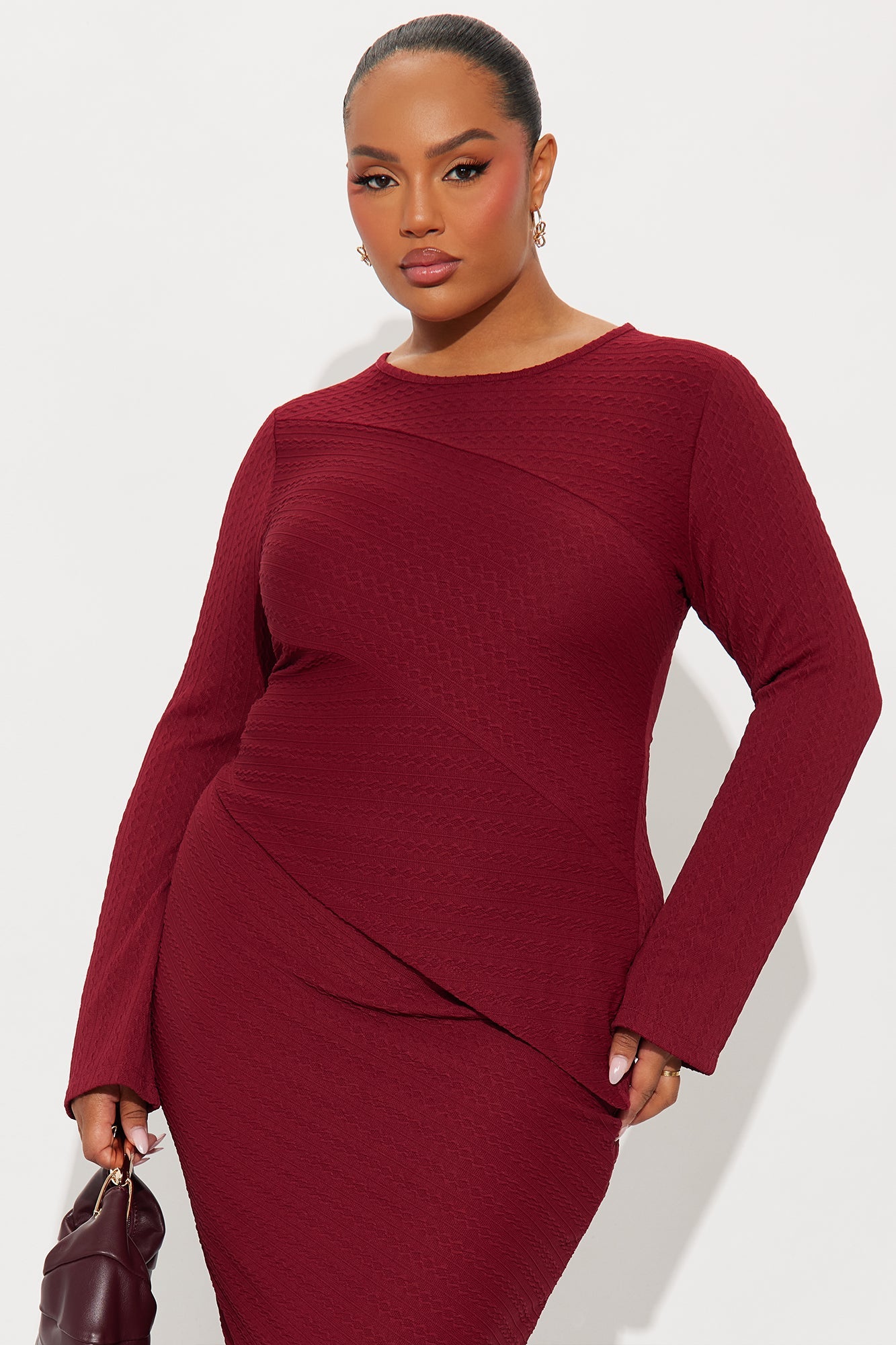 Date Ready Asymmetrical Textured Midi Skirt Set - Burgundy