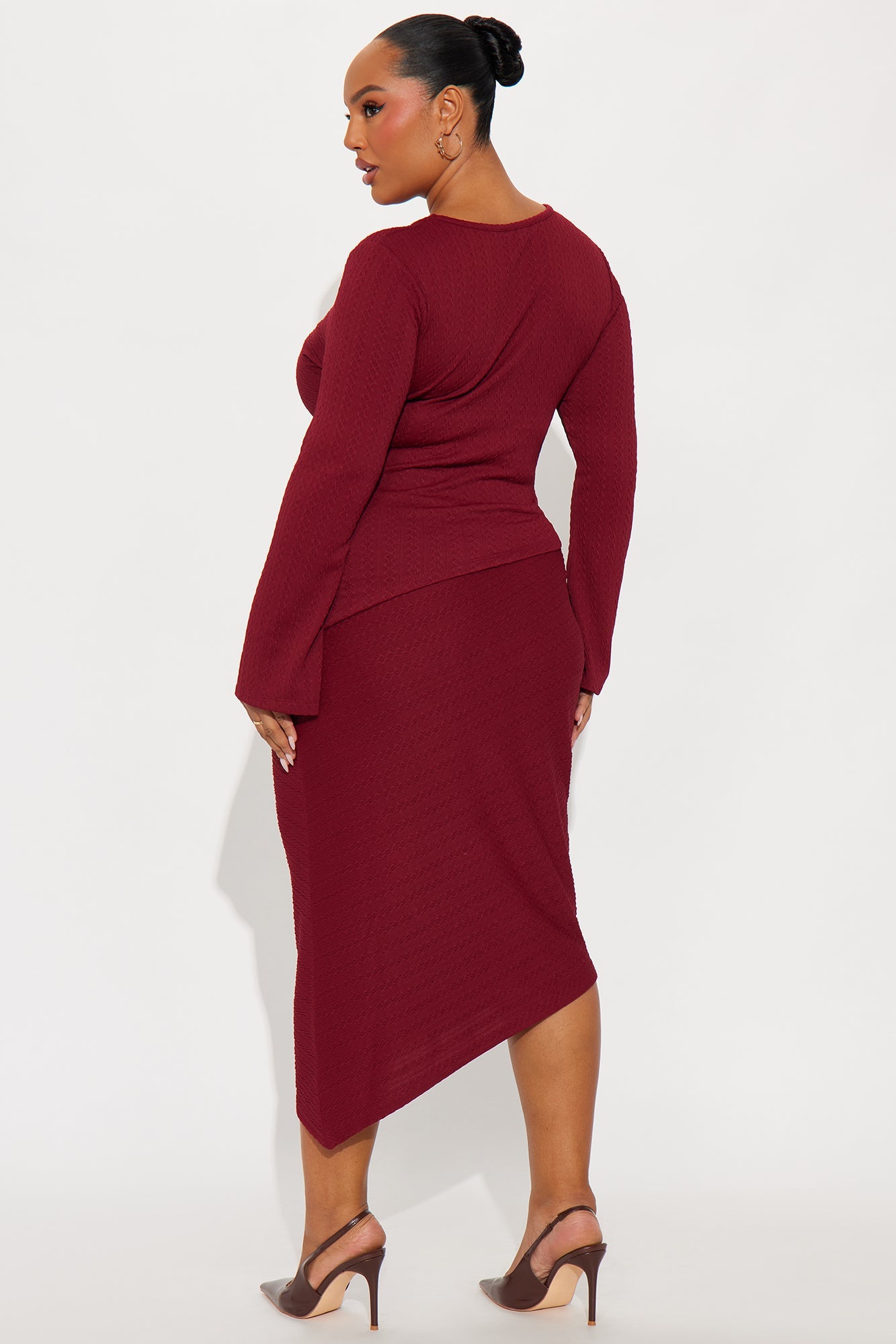 Date Ready Asymmetrical Textured Midi Skirt Set - Burgundy
