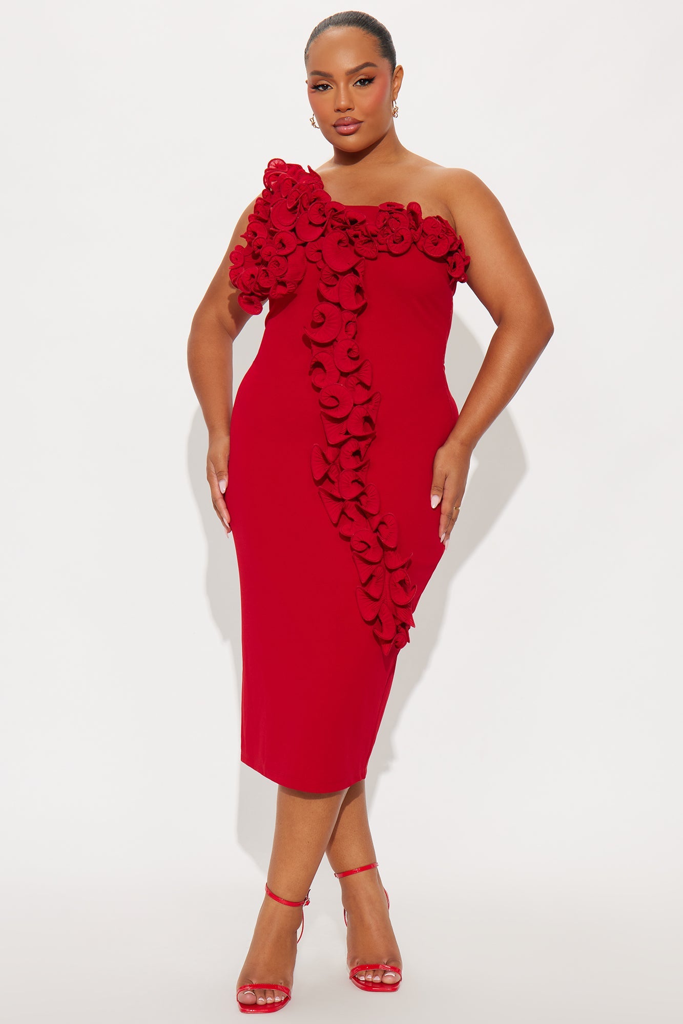 Full Bloom One Shoulder Midi Dress - Red