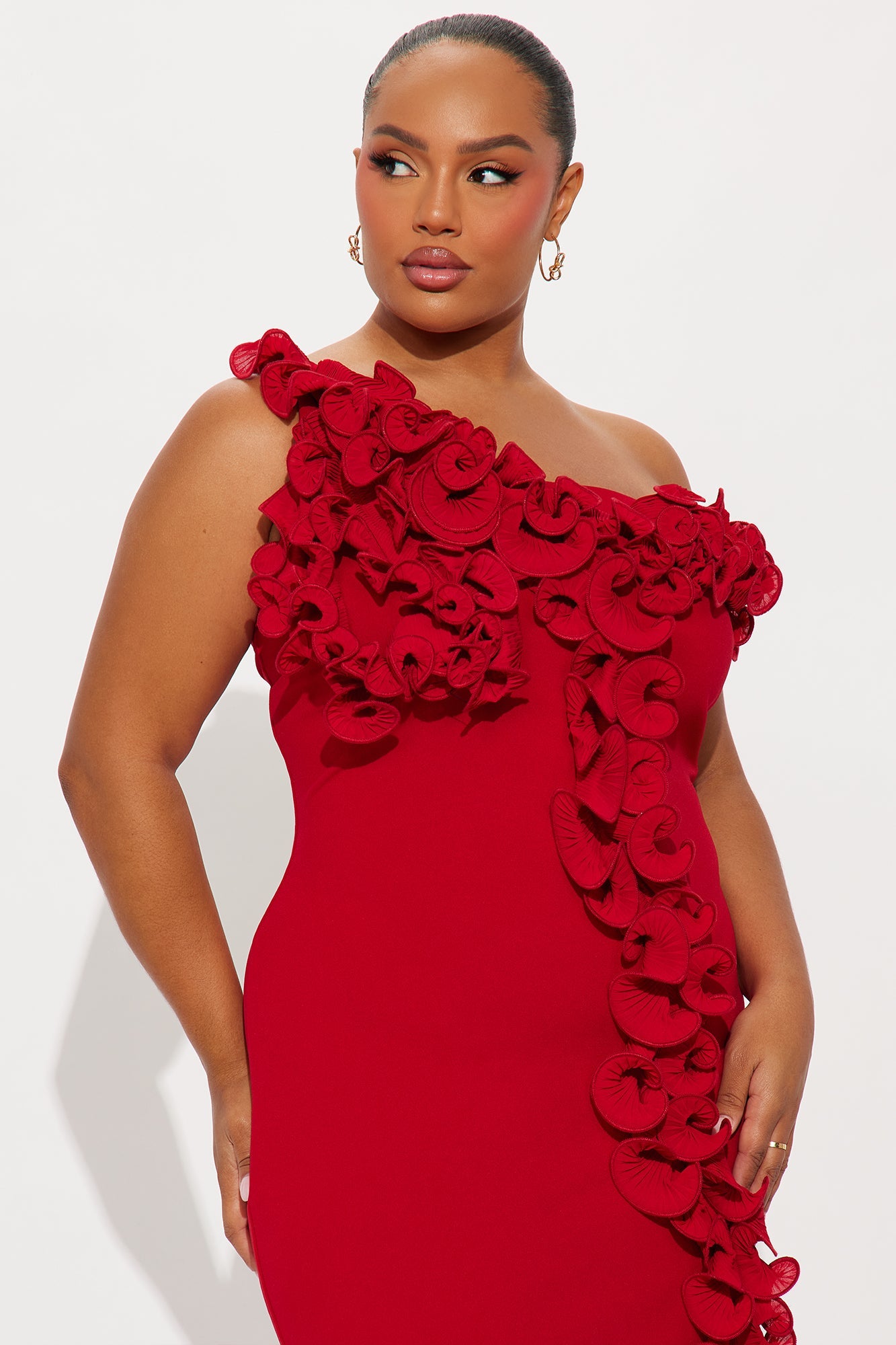 Full Bloom One Shoulder Midi Dress - Red