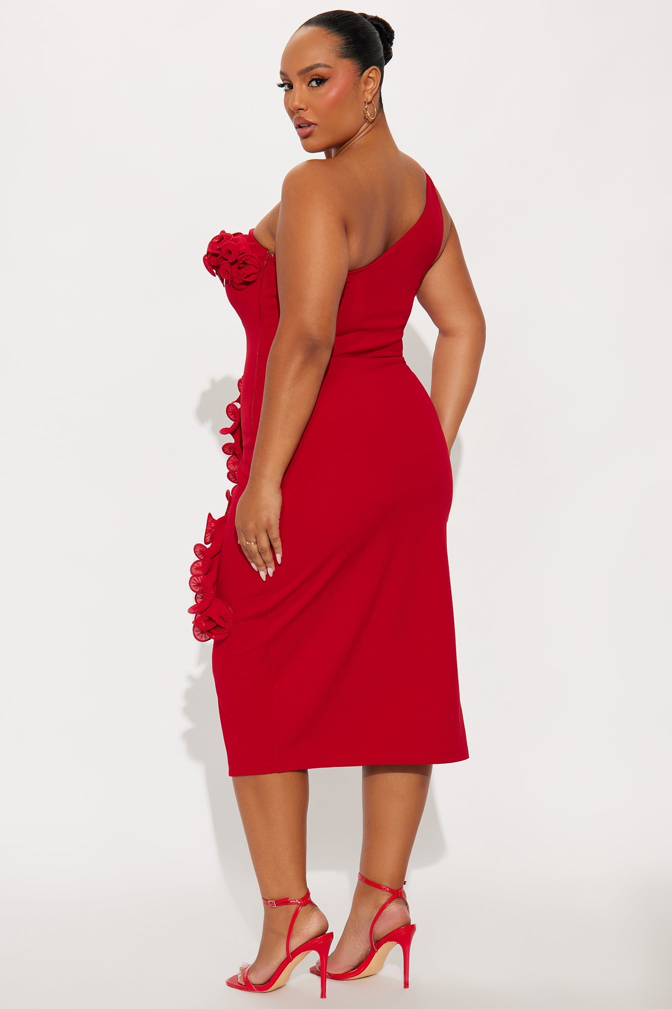 Full Bloom One Shoulder Midi Dress - Red