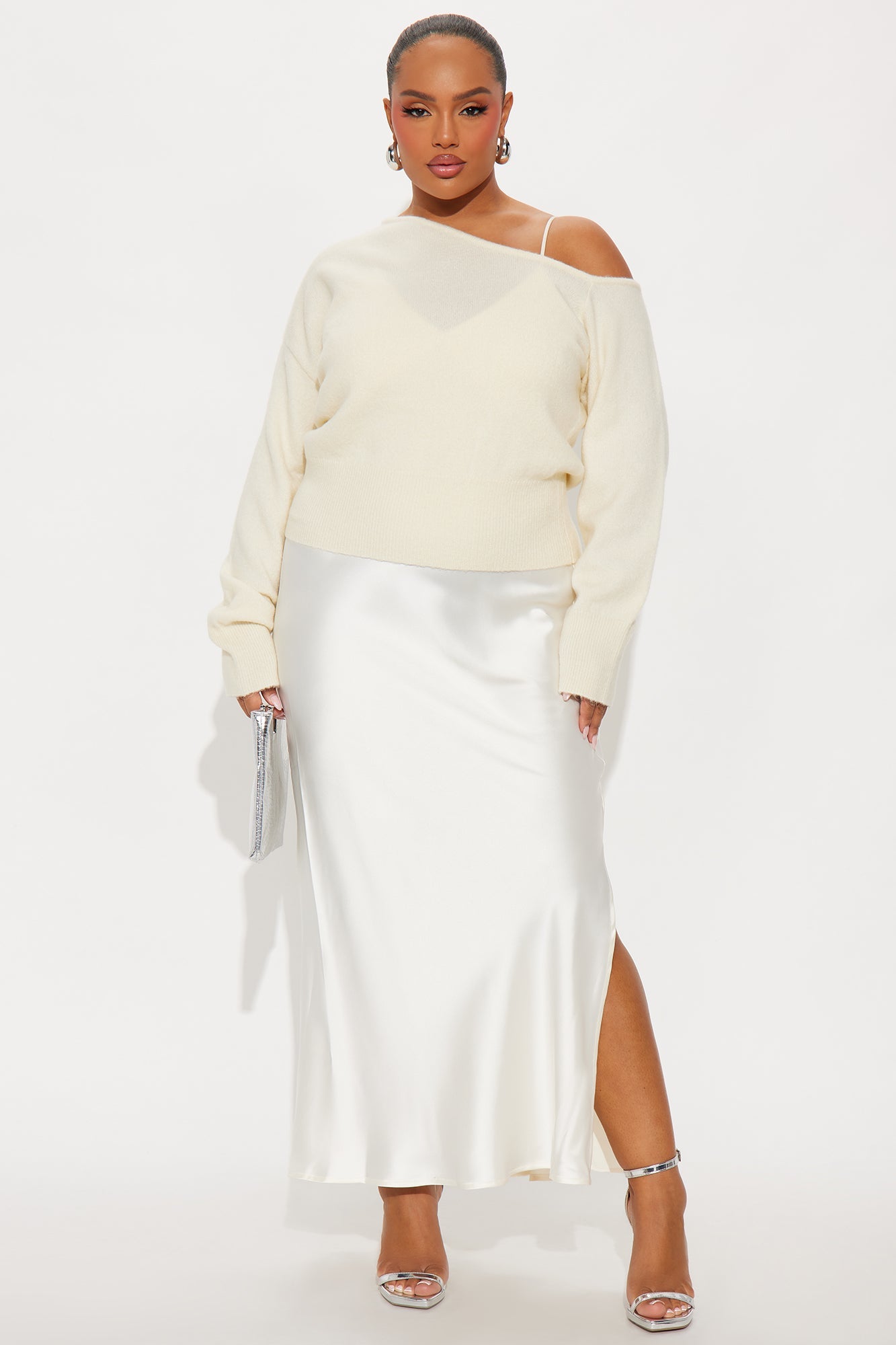 Warm Kiss Satin Sweater Maxi Dress Set - Cream